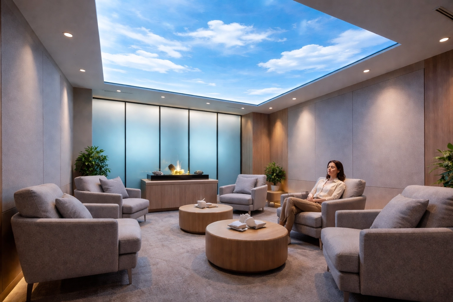 Digital SkyLites office ceiling display in a corporate wellness room creating a high-tech breakroom design and employee burnout solution