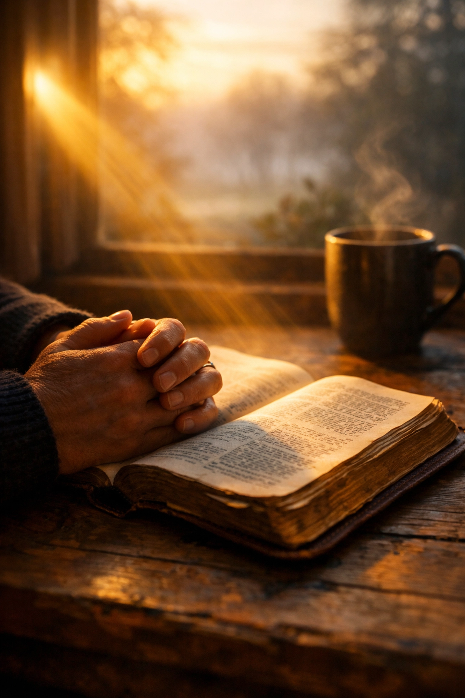 Hands resting on an open Bible for morning scripture reflection and meditation in a peaceful setting.