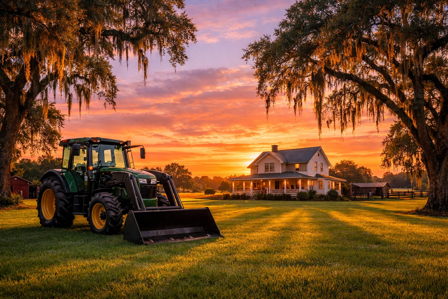 A powerful tractor with a loader on a scenic Florida property, showing quality outdoor power equipment.