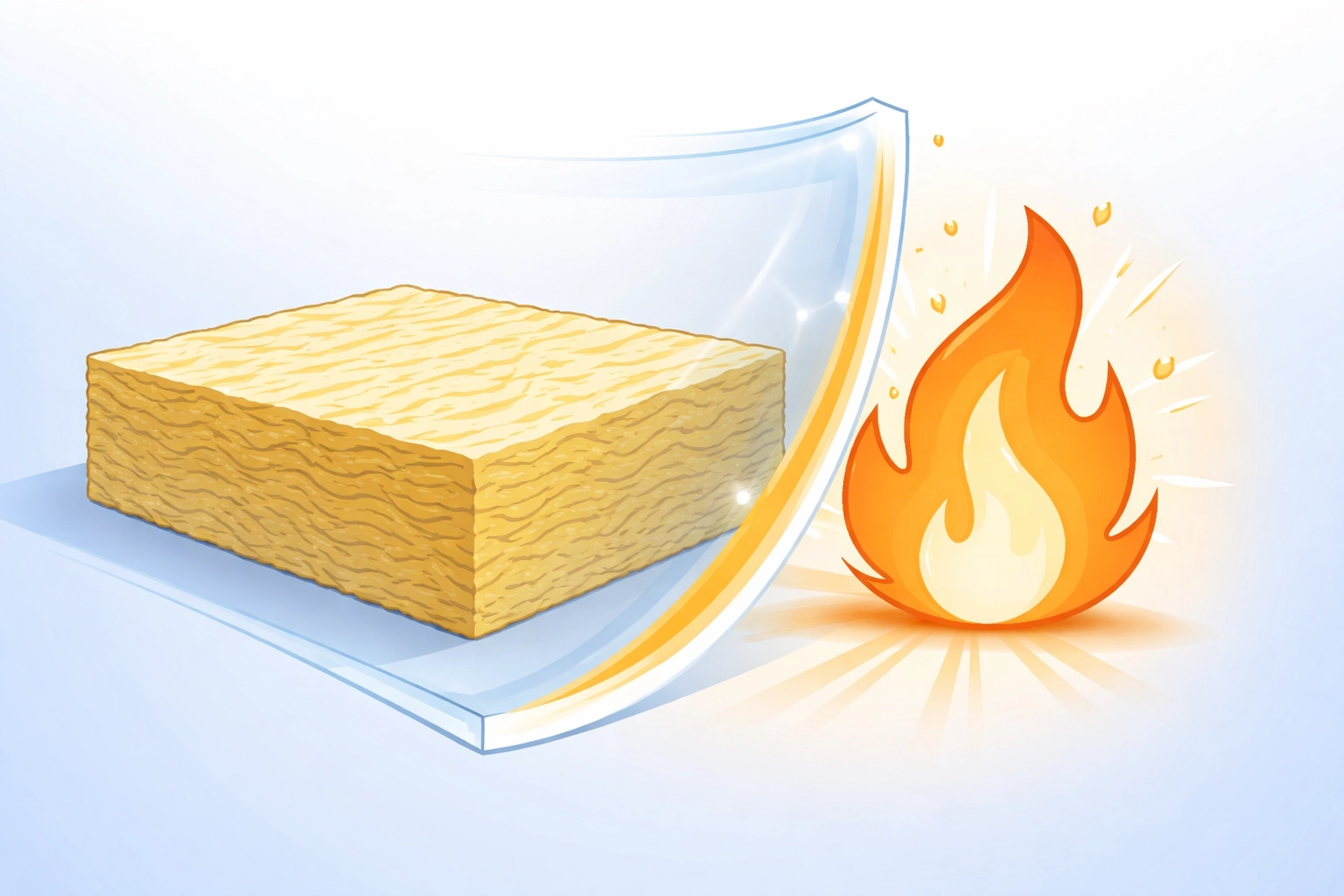 Cross-section view of mineral wool insulation blocking fire, illustrating A1 fire safety in lofts.