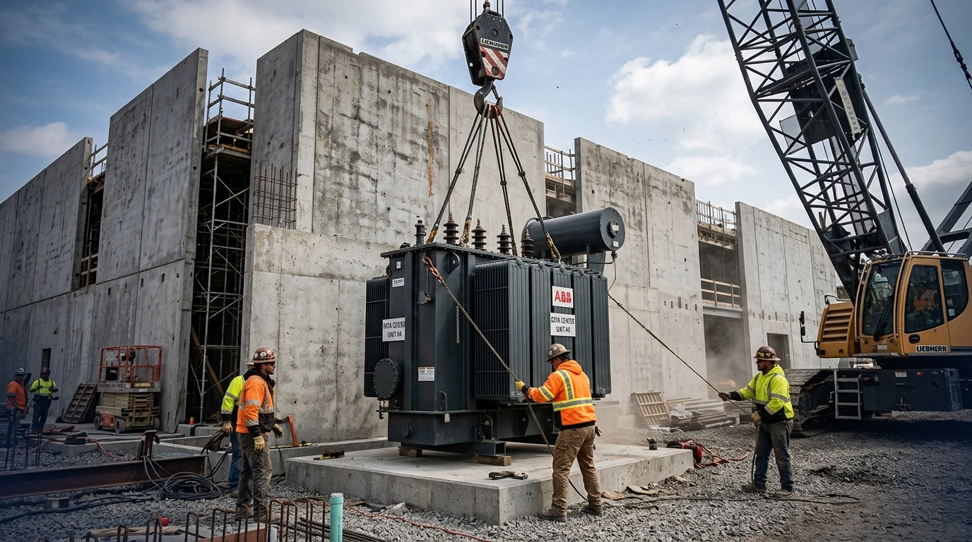 An industrial transformer being lowered into position by a crane at a data center site.