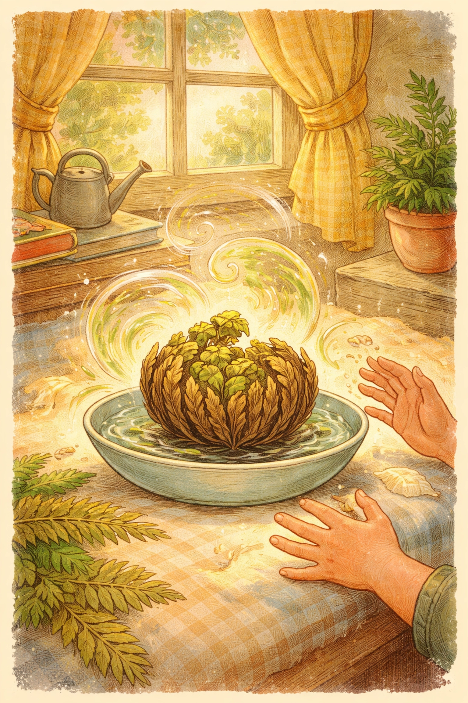 A hand-drawn scene showing a child watching a dinosaur fern revive in a dish, perfect for bedroom plant growing inspiration.