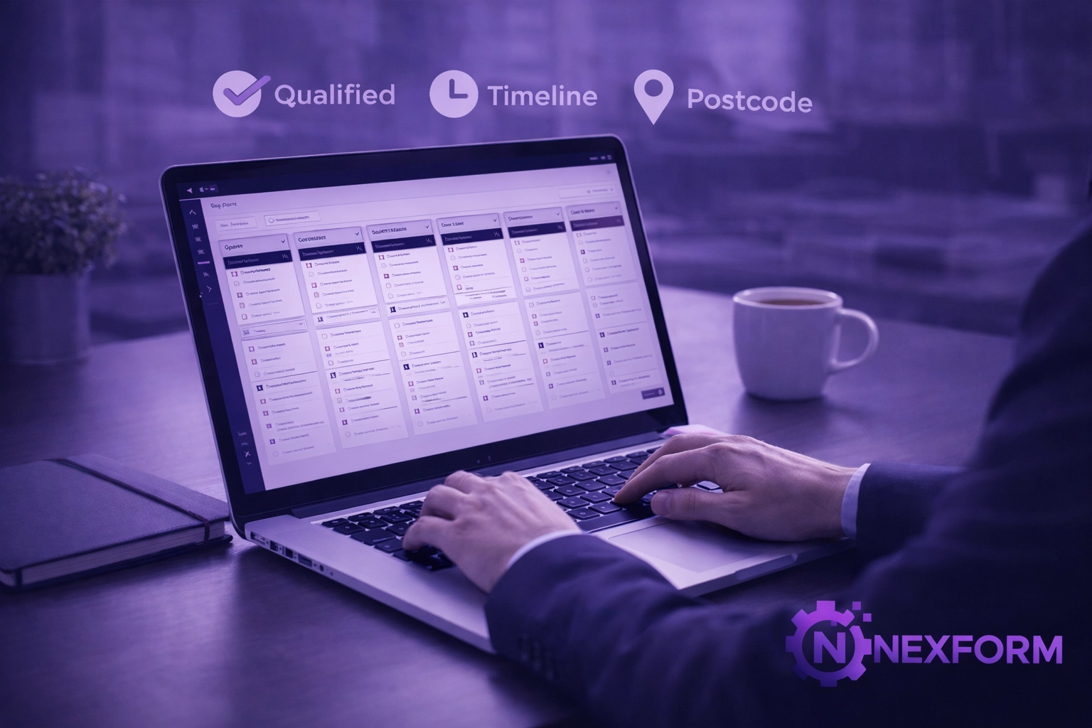 A modern desk with a CRM dashboard showing qualified real estate leads using AI automation.
