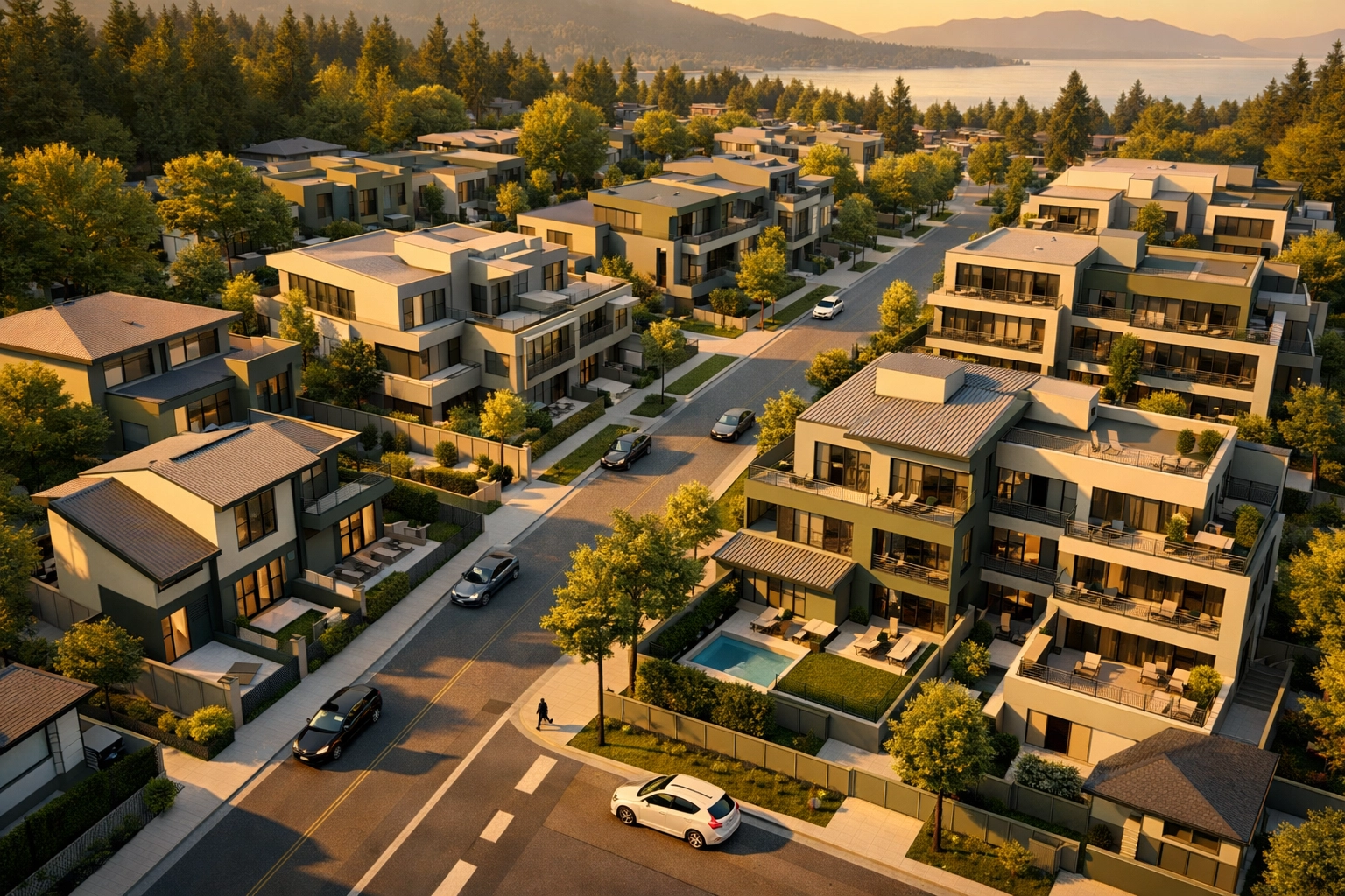 North Shore suburban street with condos and single-family homes side by side