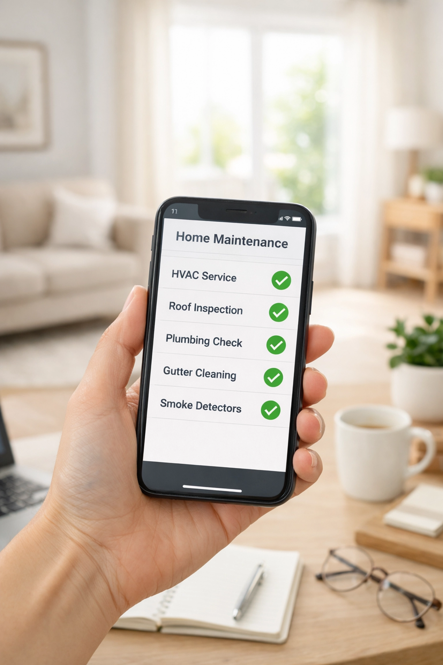 Person using a property maintenance app on a smartphone in a bright home office with light wood flooring.