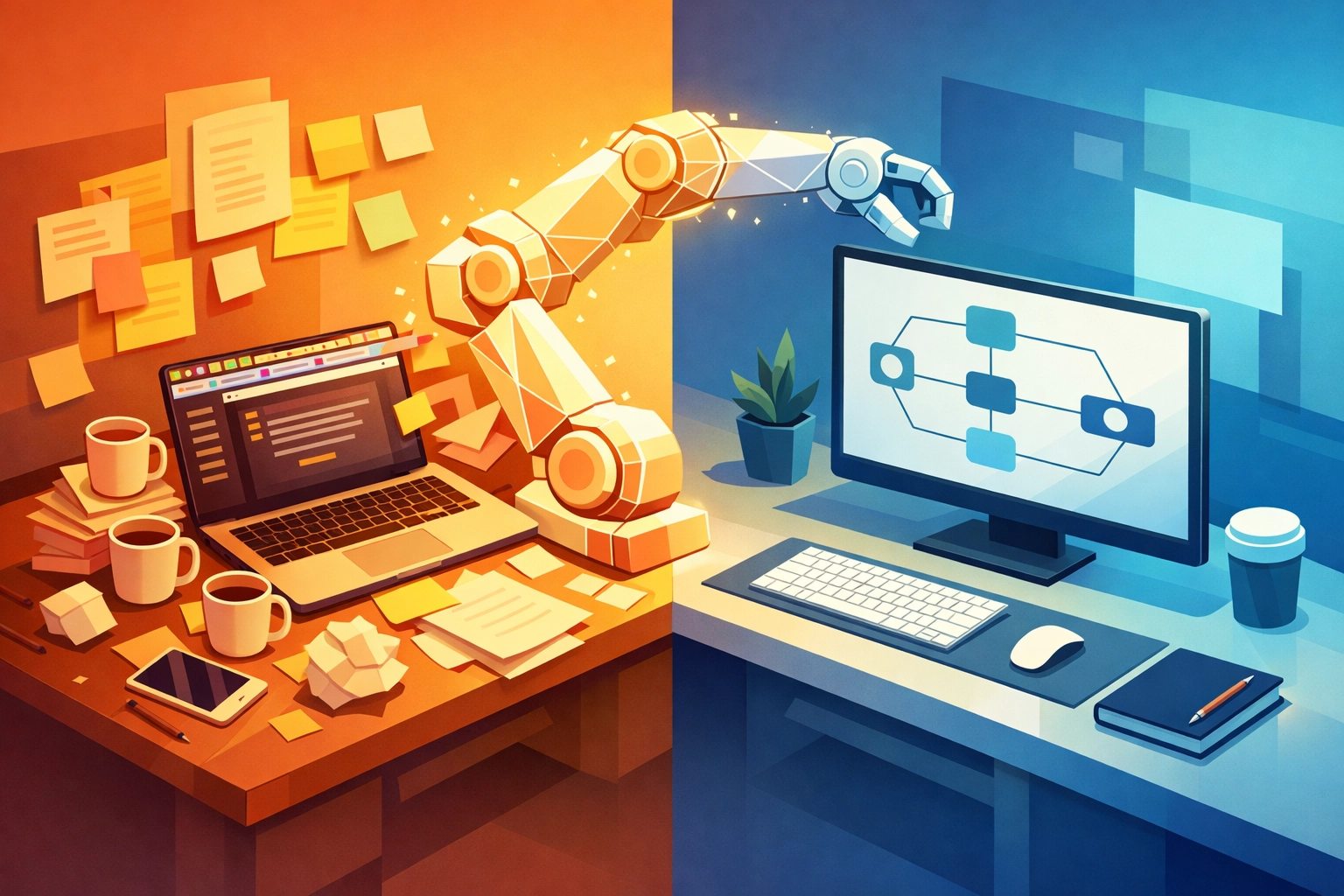 Messy desk workspace transforming into organized system through business automation tools