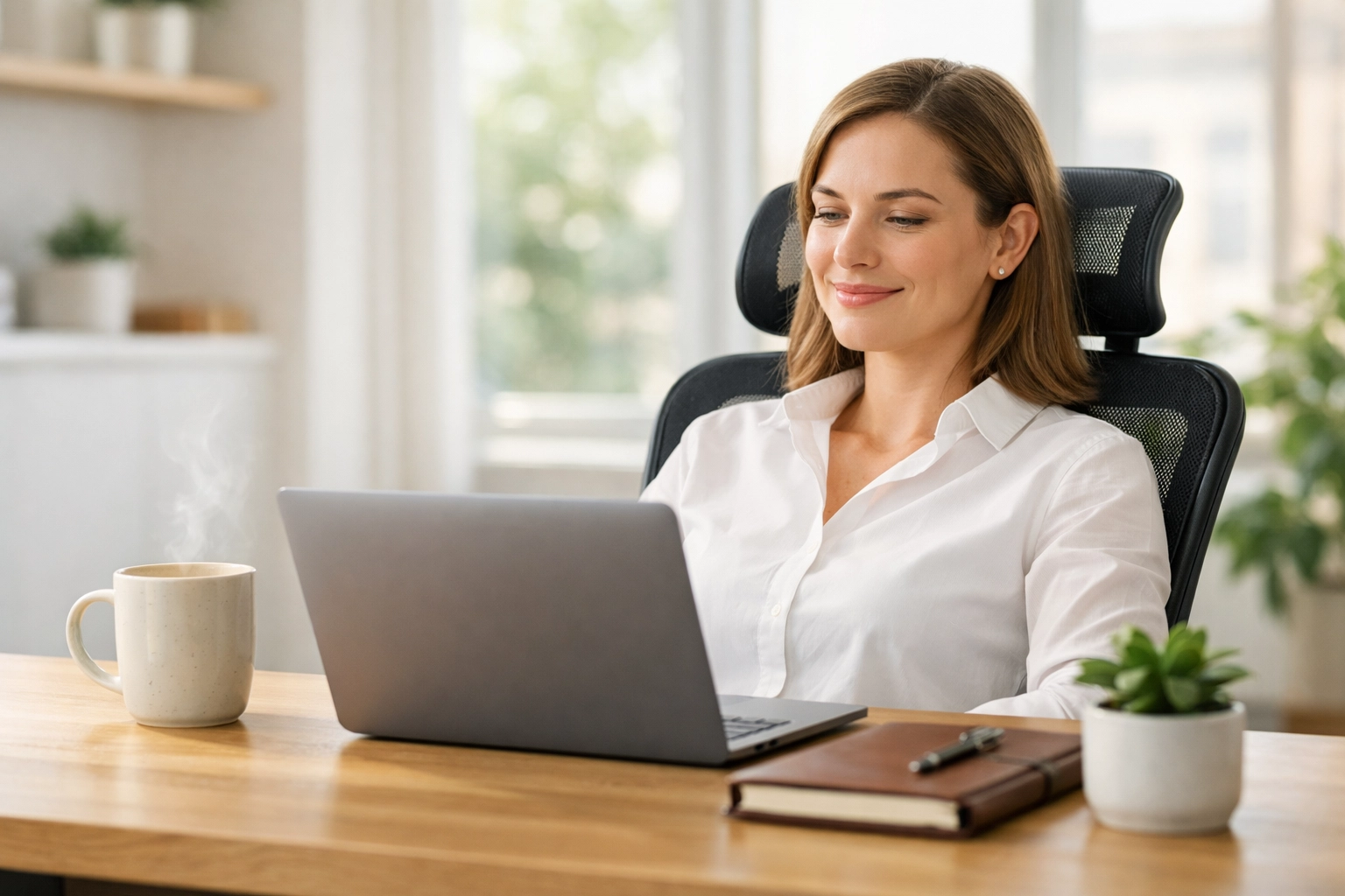 Business owner using client onboarding automation to streamline workflow in a modern office.