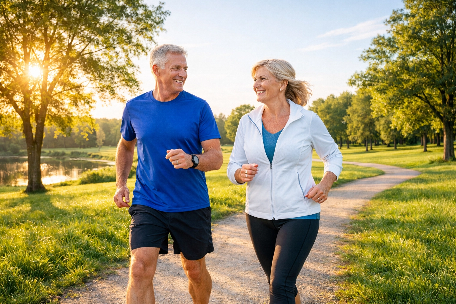 Active senior couple walking outdoors, representing a proactive approach to healthy aging and physical stamina.