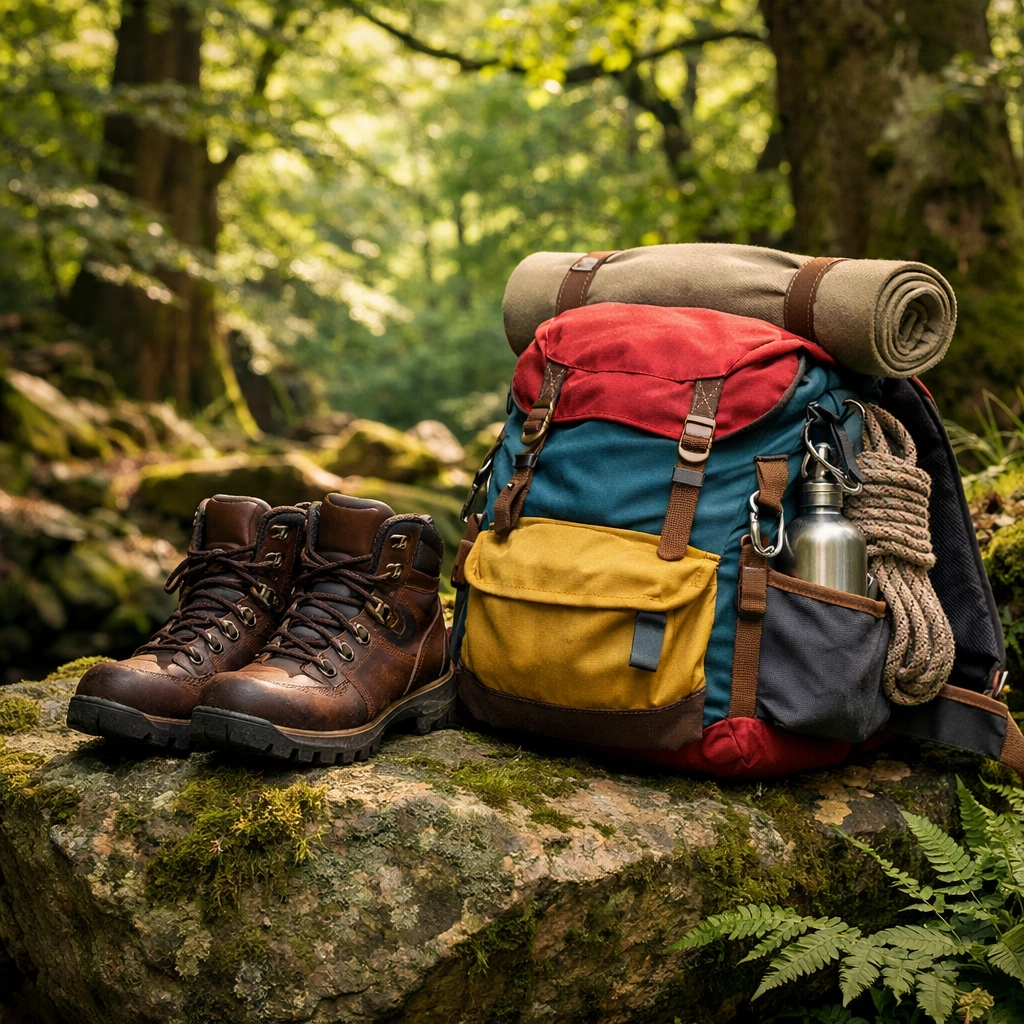 Essential hiking gear including boots and a rucksack resting on a rock in a lush British forest.