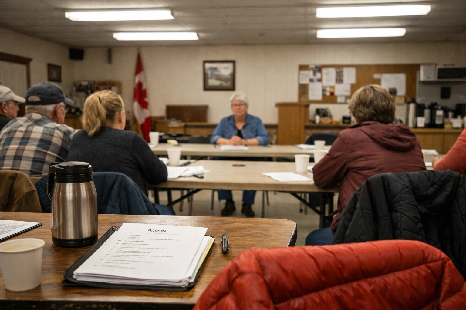 A composed director listening during an agricultural society meeting, with other volunteers blurred in the background.
