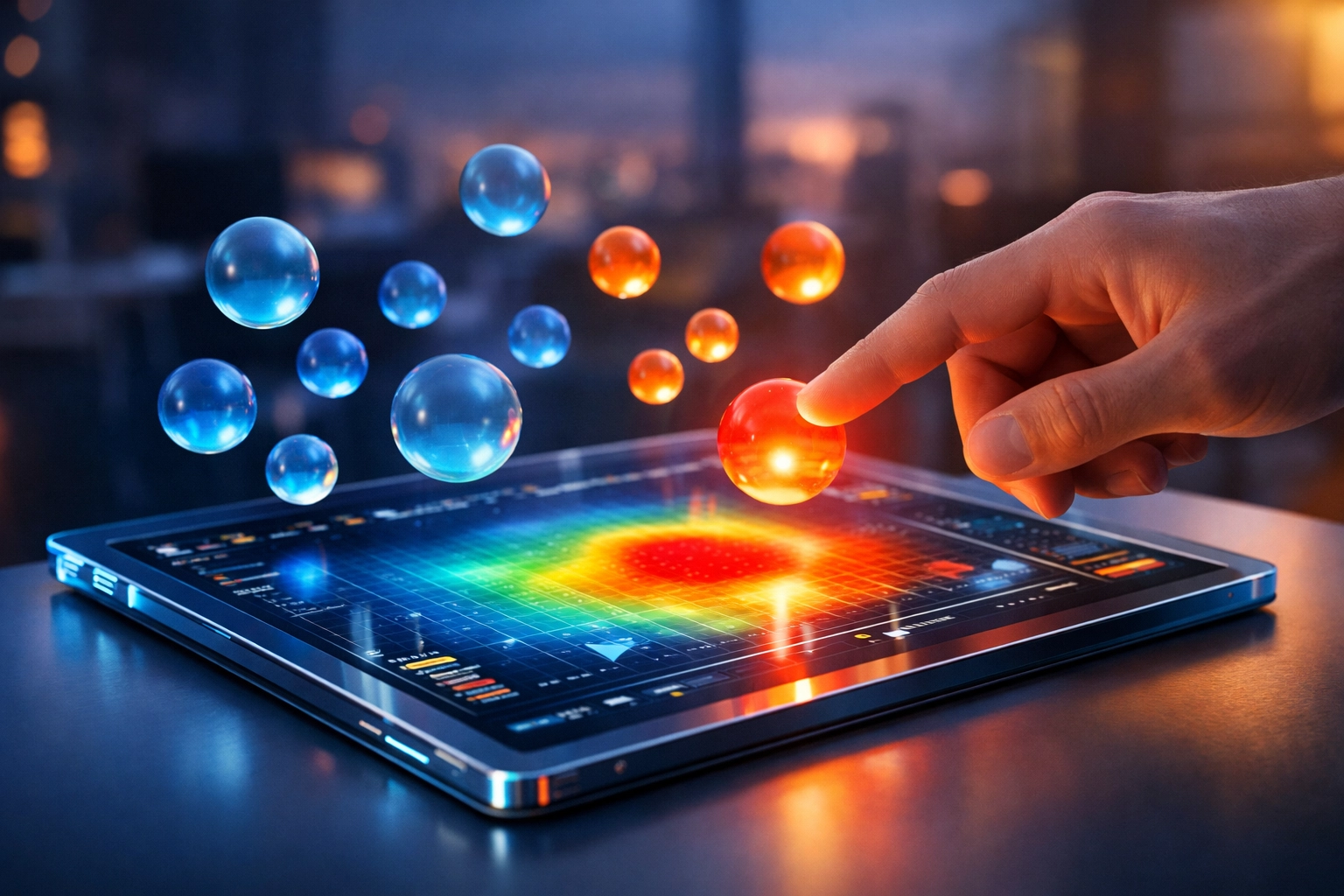 Digital tablet showing AI sentiment analysis data with a hand selecting a high-priority customer support ticket.