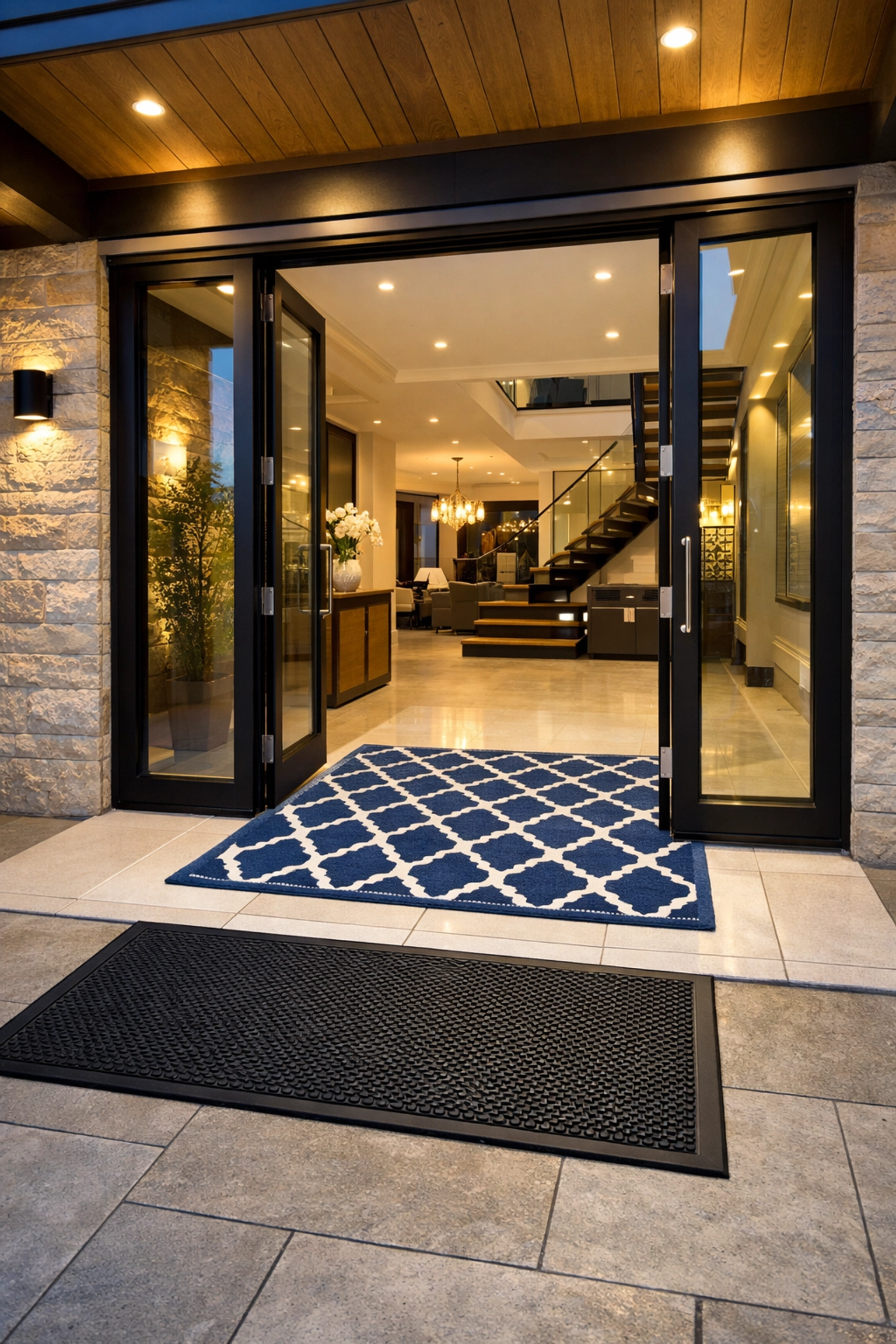 Exterior scraper mat and interior absorber mat at a luxury home entrance to stop dirt.