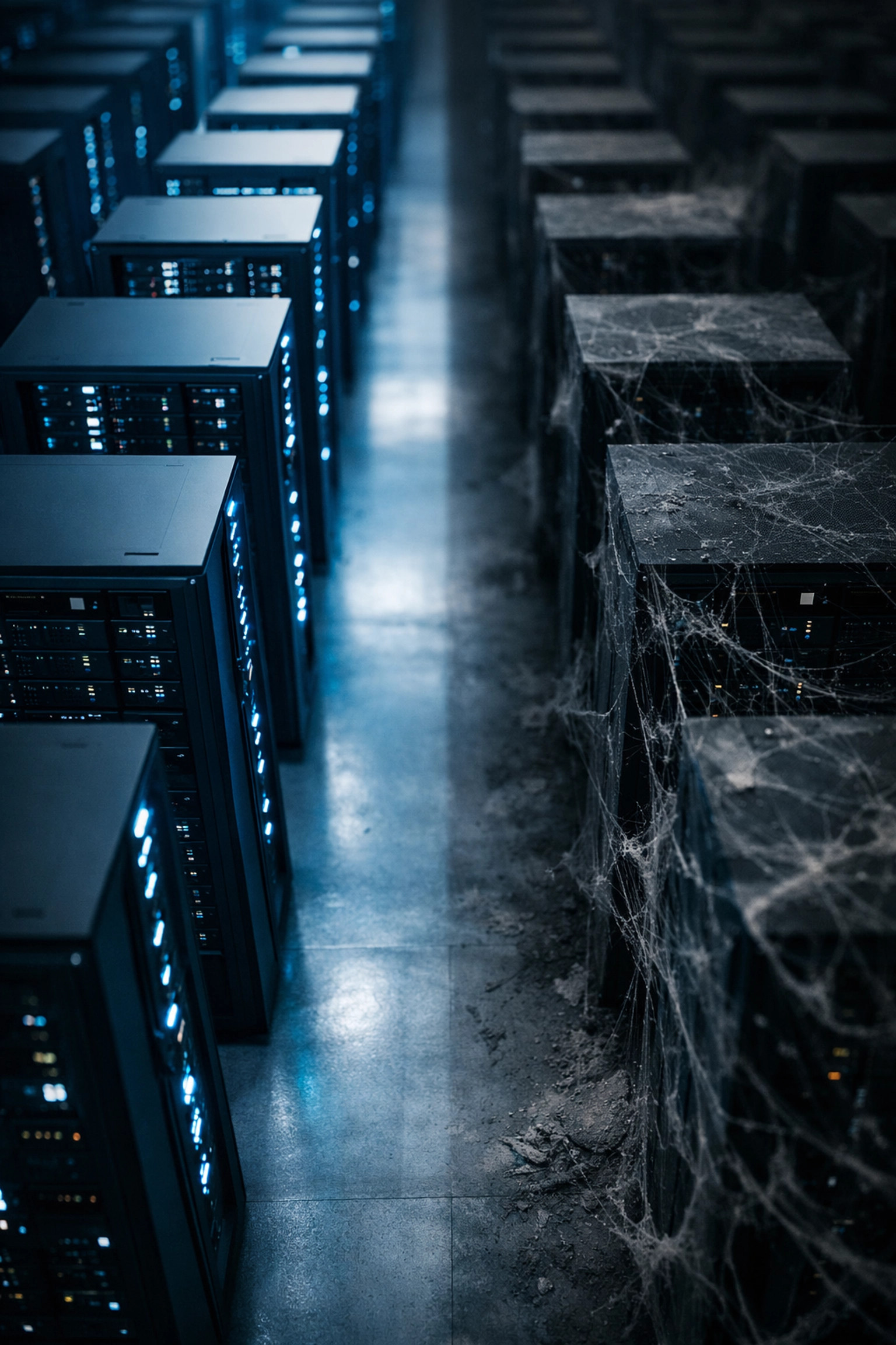 Neglected enterprise server infrastructure representing poor technical SEO maintenance