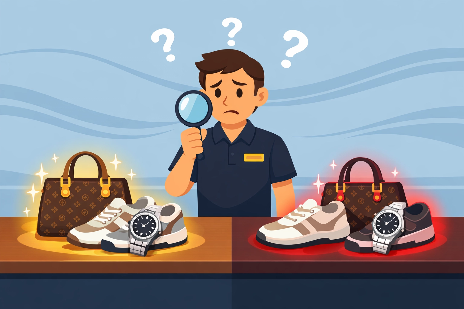 Pawn shop employee comparing authentic luxury bags and watches to counterfeit versions