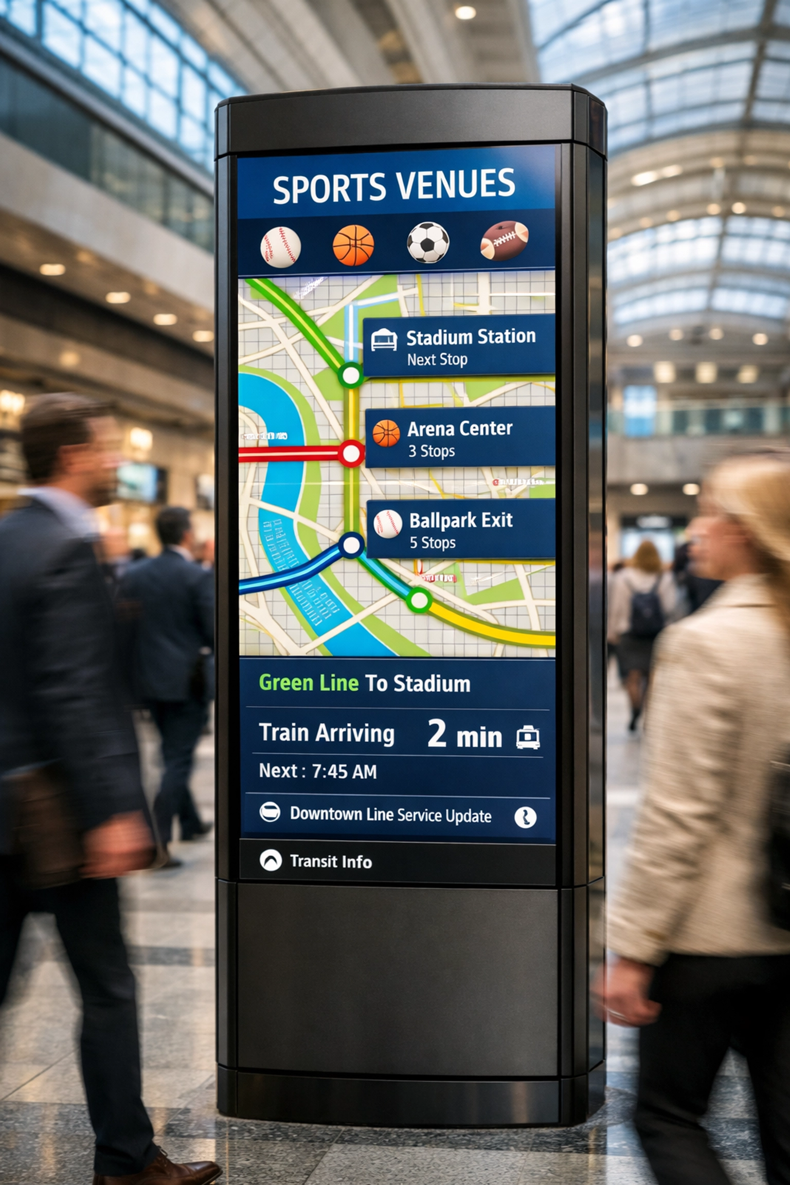 Digital information pylon in a transit hub displaying transit maps and local sports landmark locations.