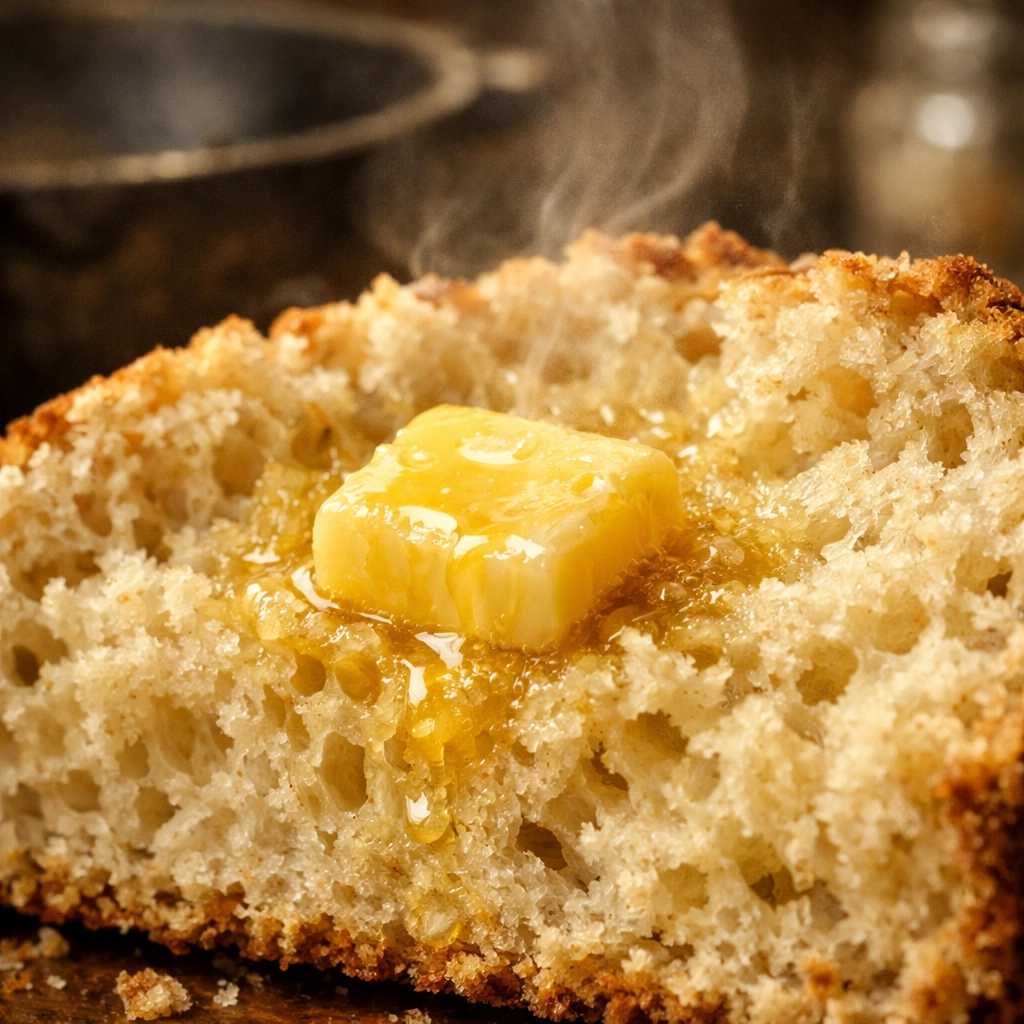 A thick slice of warm Irish soda bread with melting butter in a Southern kitchen.