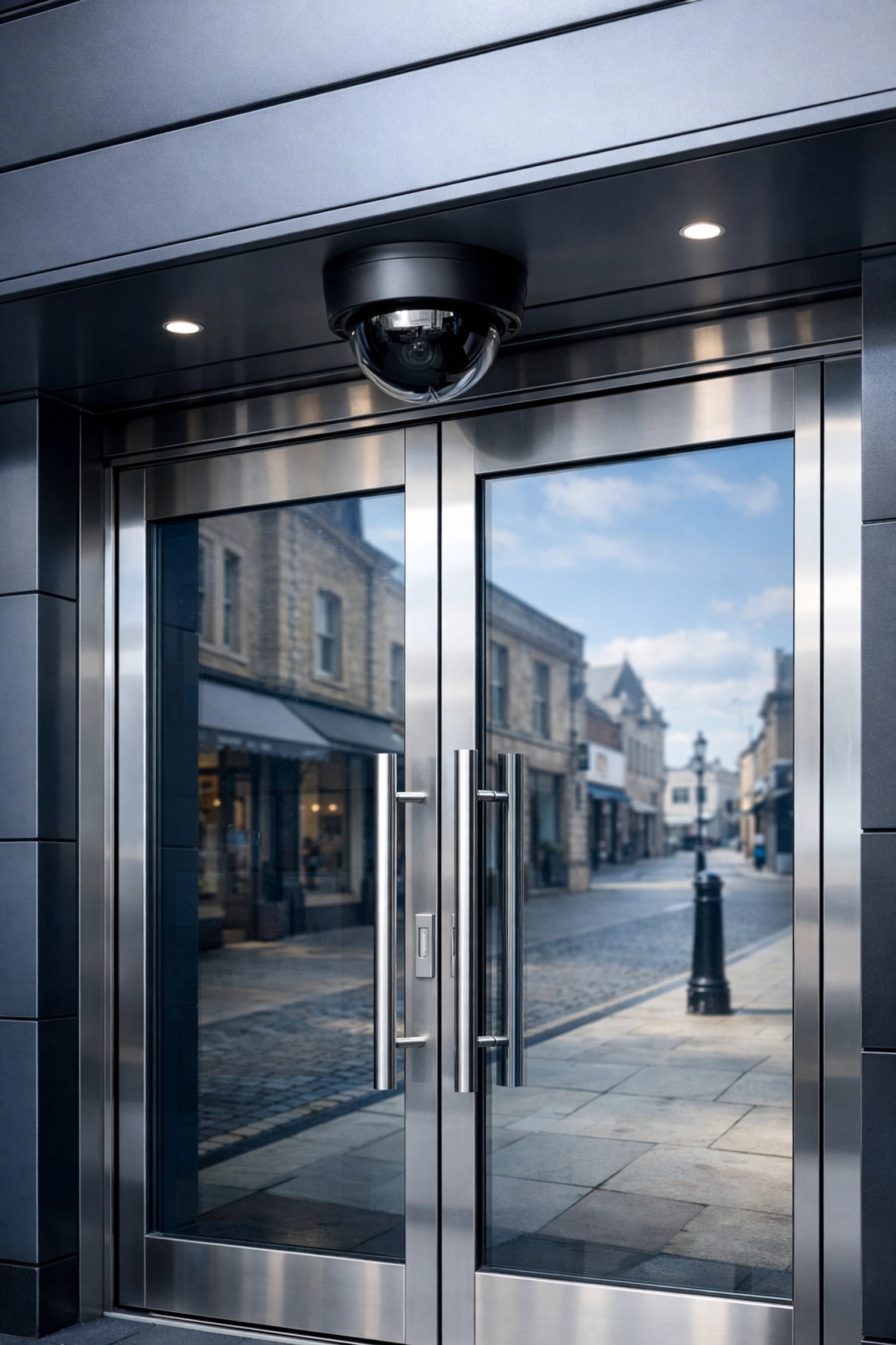 Discreet commercial dome camera and security alarms in Yeovil protecting a modern business storefront entrance.
