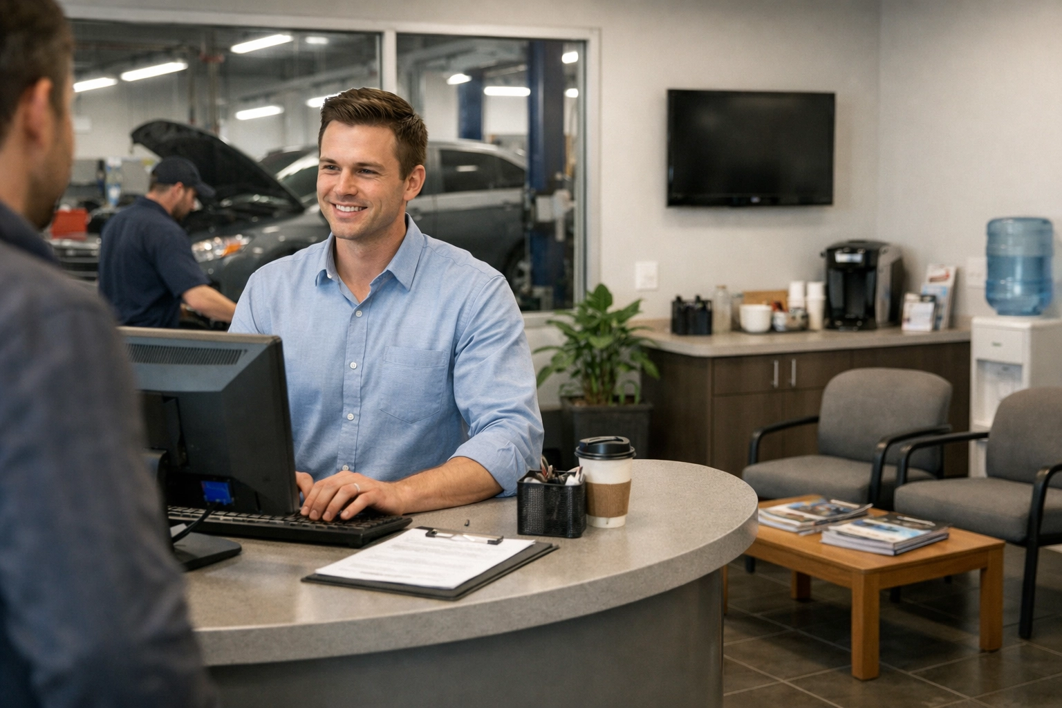 A clean, modern professional service shop waiting area where customers are greeted.
