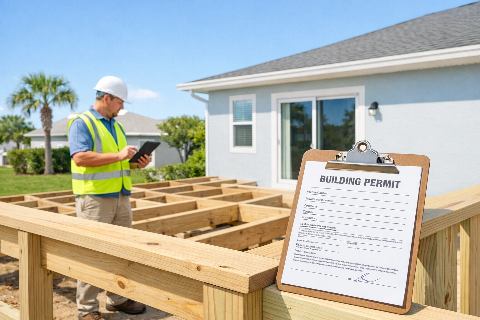 Building inspector examining unpermitted deck construction at Florida home with permit documents