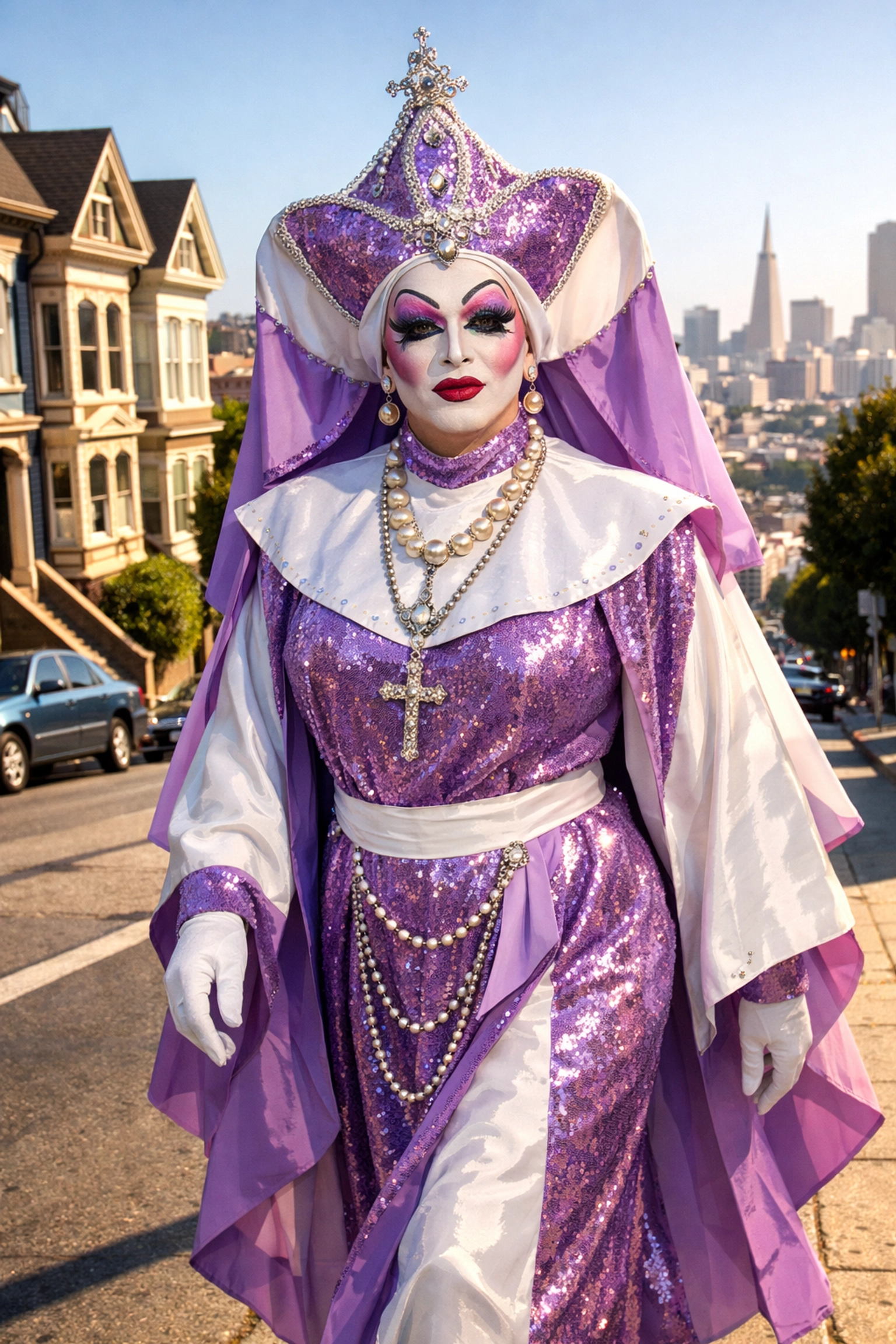 A drag performer in a lavender nun habit walking a San Francisco street during a Gay Easter Parade.