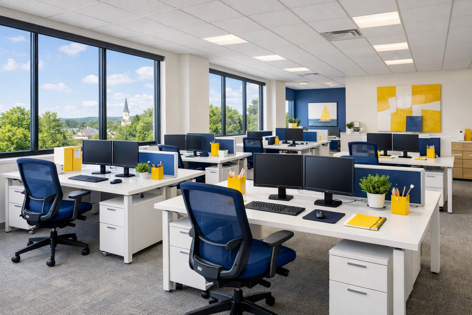 Clean and organized open-plan office space in Milford, showcasing professional commercial cleaning results.