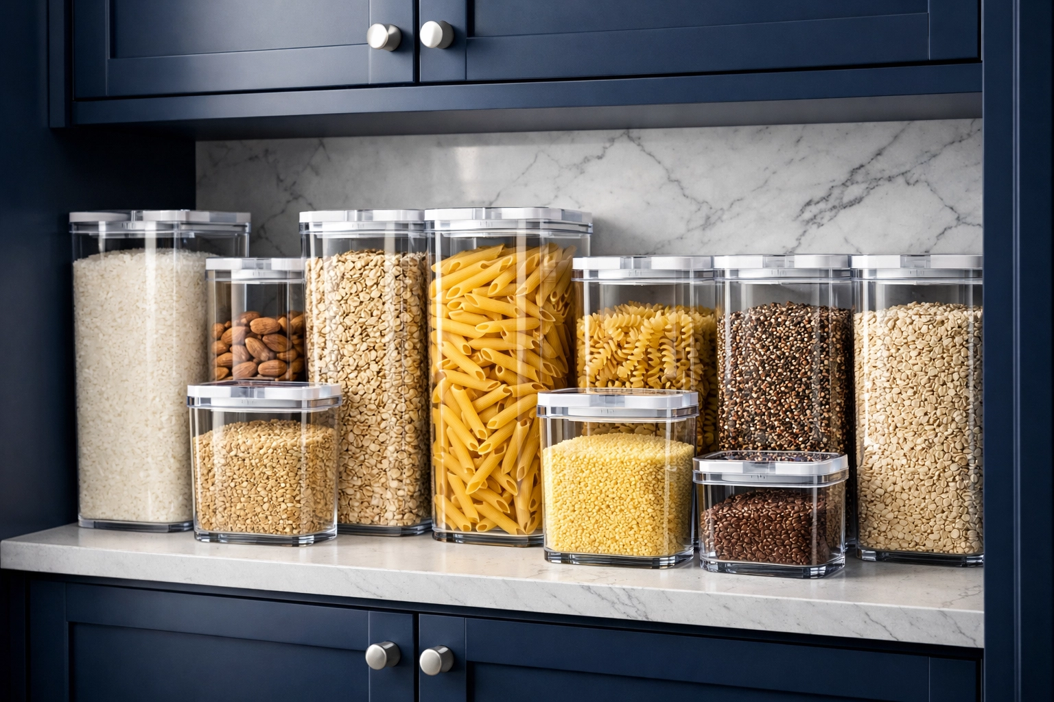 Uniform clear airtight containers filled with pasta and grains on organized navy blue pantry shelves.