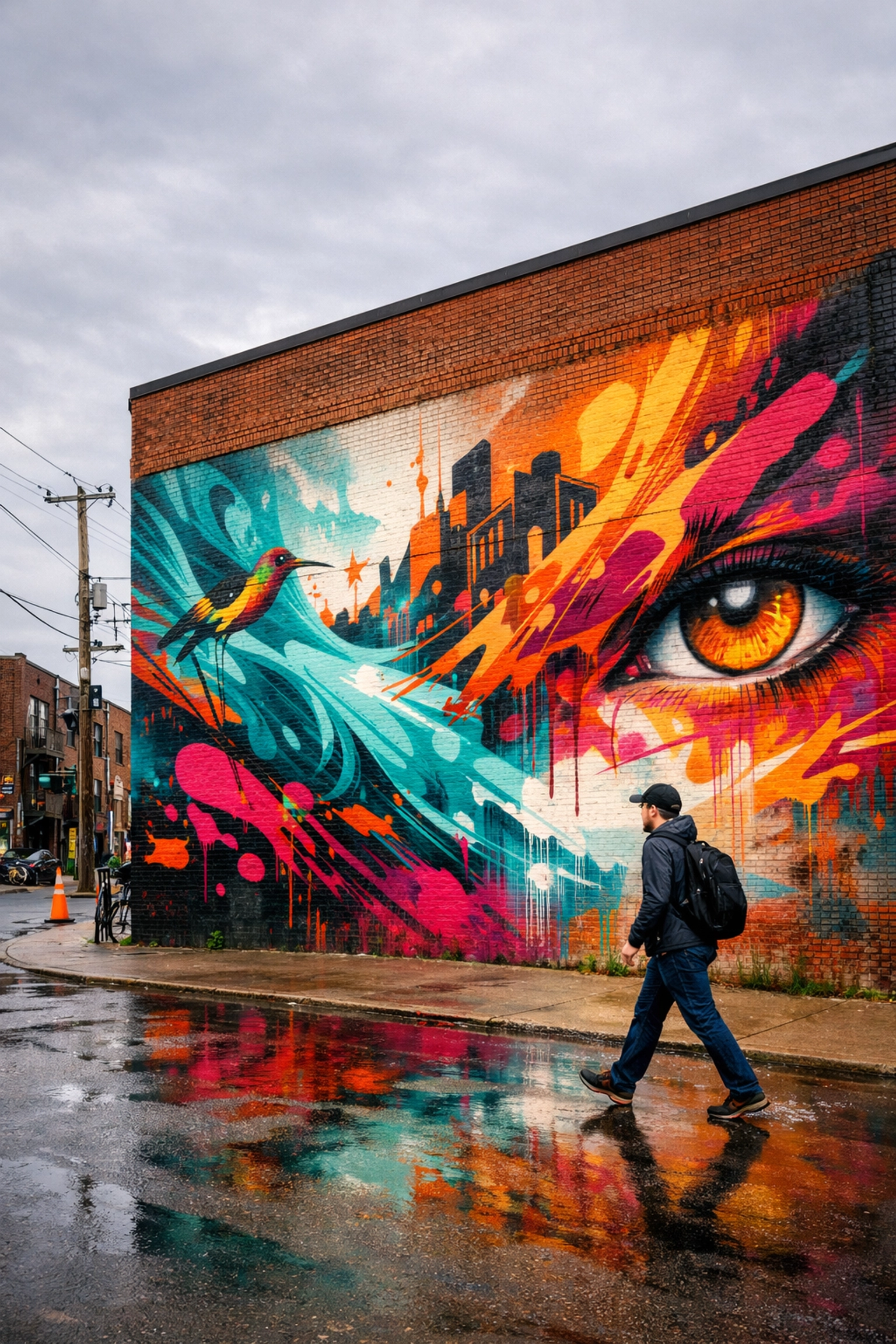 Vibrant street art mural on an industrial brick wall in the Saint-Henri neighborhood of Montreal.