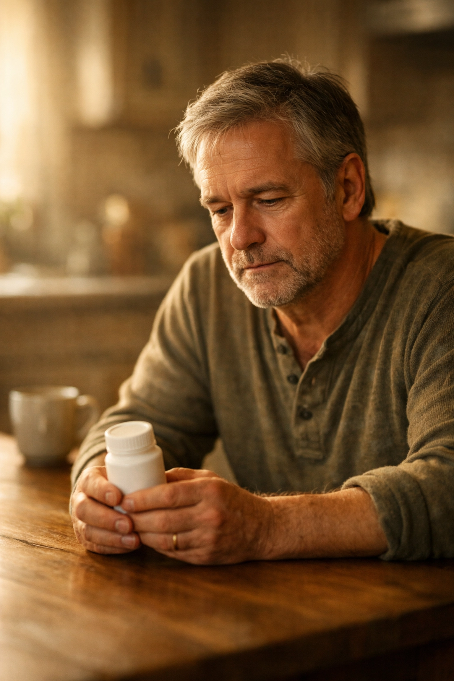 Férfi elgondolkodva néz egy üveg gyógyszert, merevedési zavar kezelésén töpreng