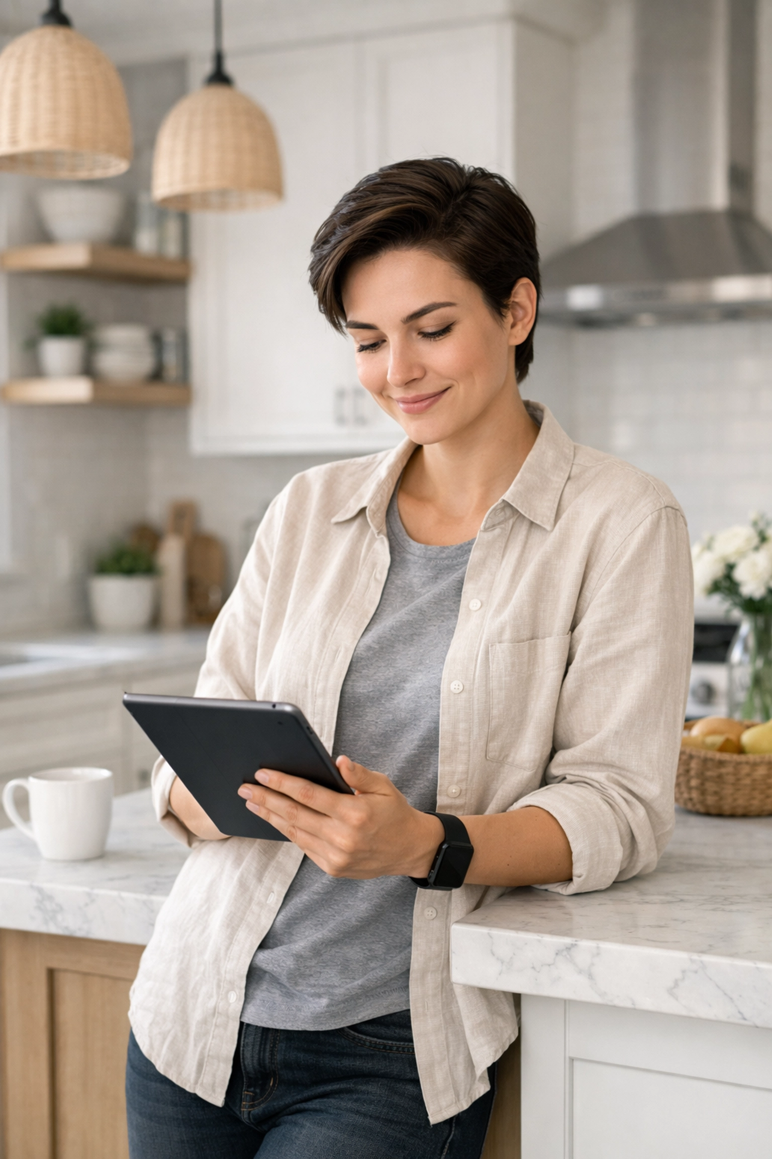 A young adult looking at a tablet with confidence while managing cash advances in their kitchen.