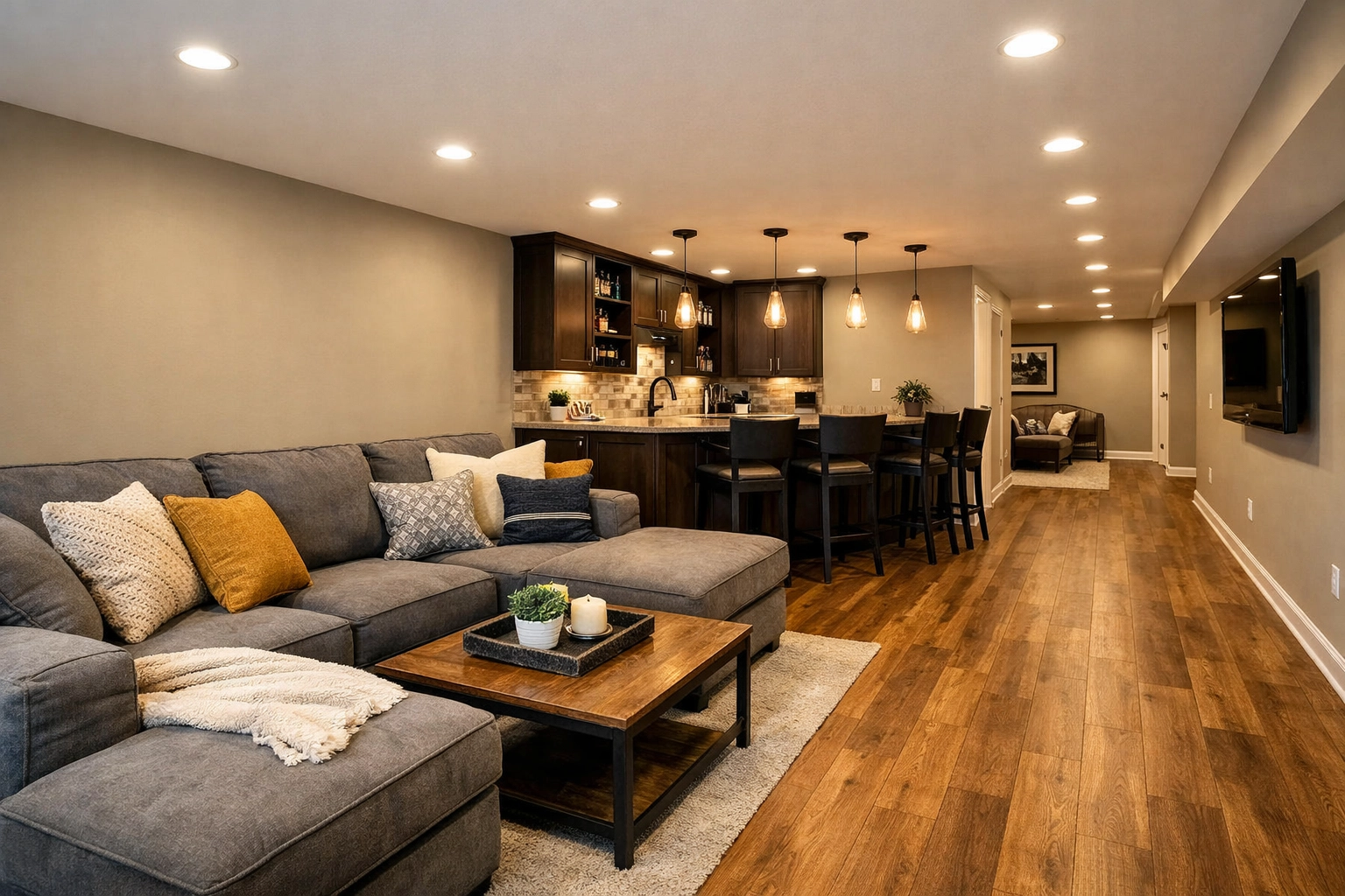 Finished basement living space with wet bar and recessed lighting in Central Ohio home
