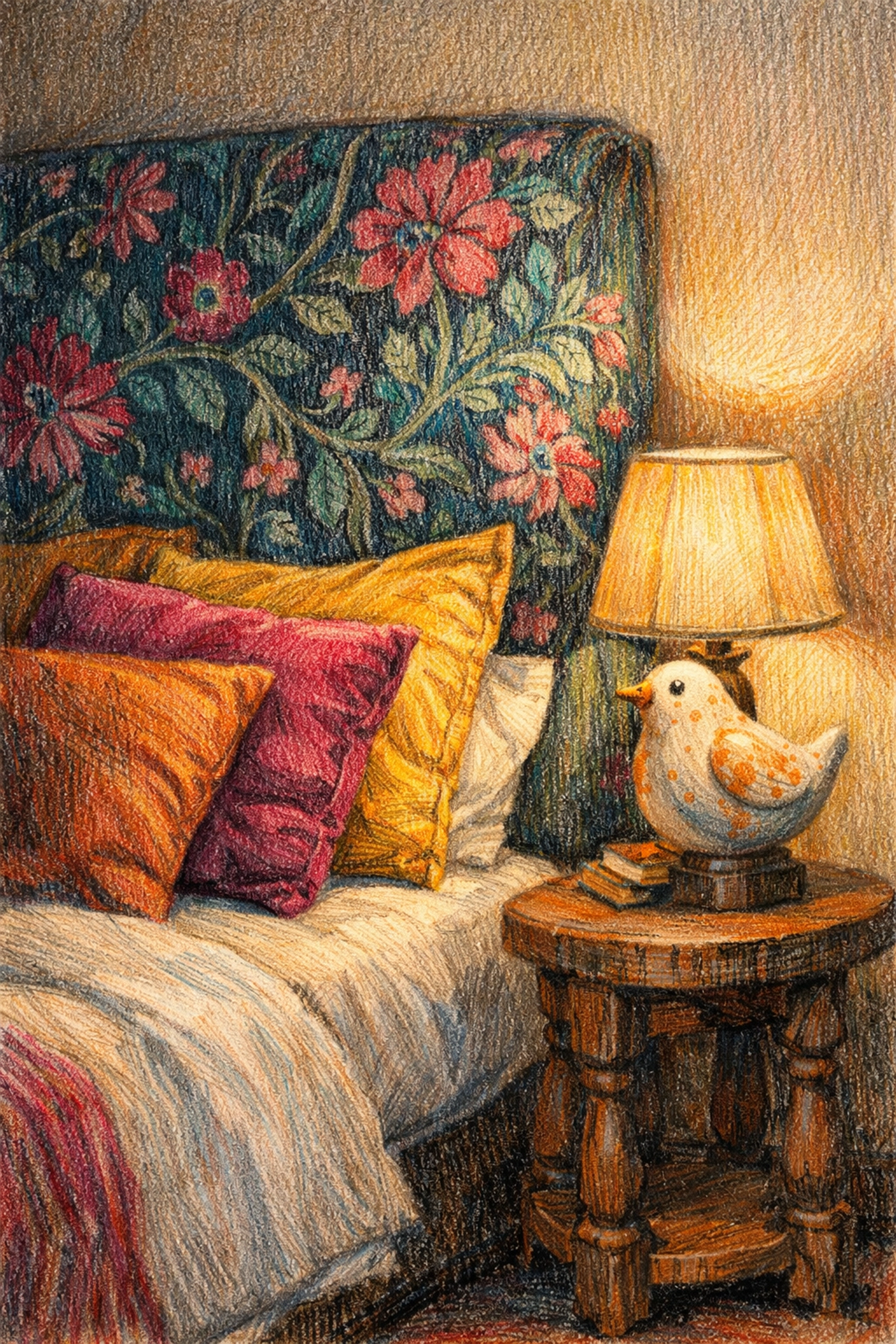 Boutique hotel interior design with embroidered headboard, layered cushions, and artisan bedside details