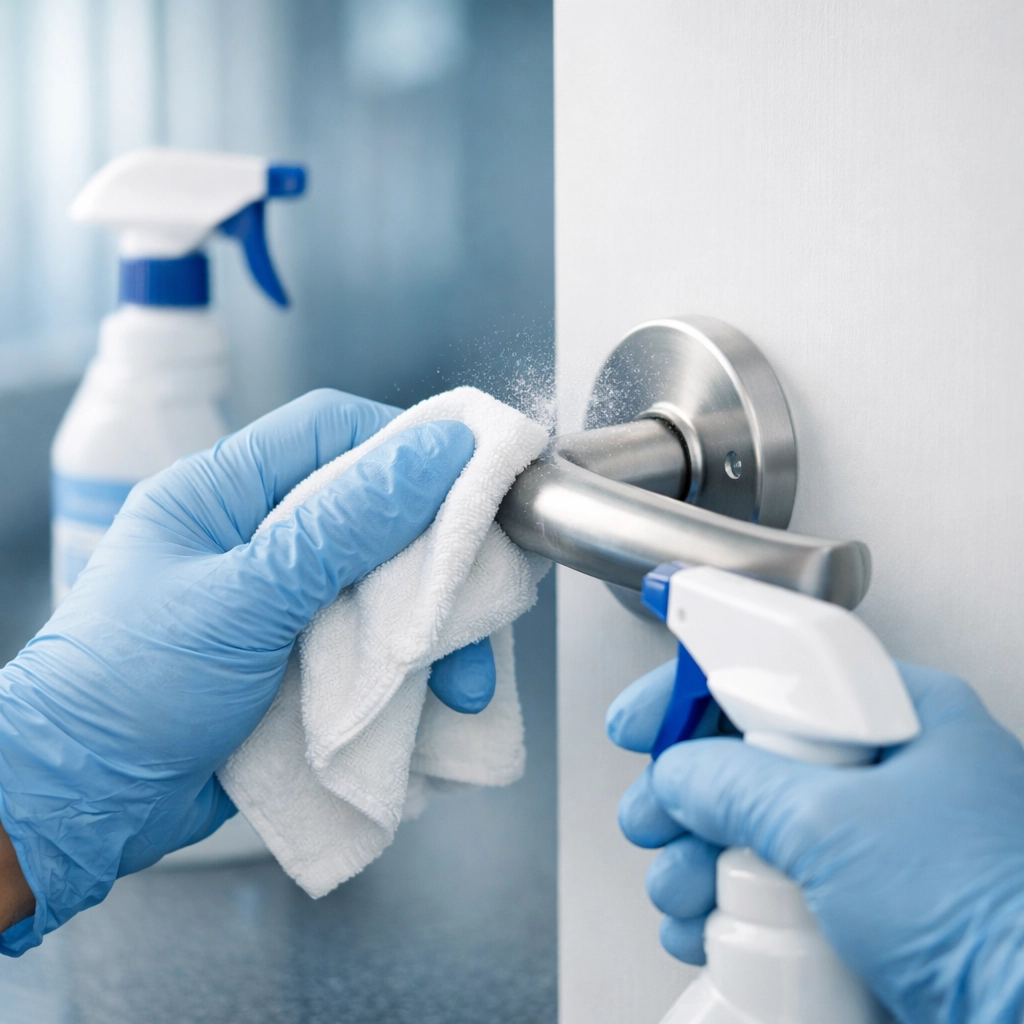 Gloved hands disinfecting door handle in medical office hallway
