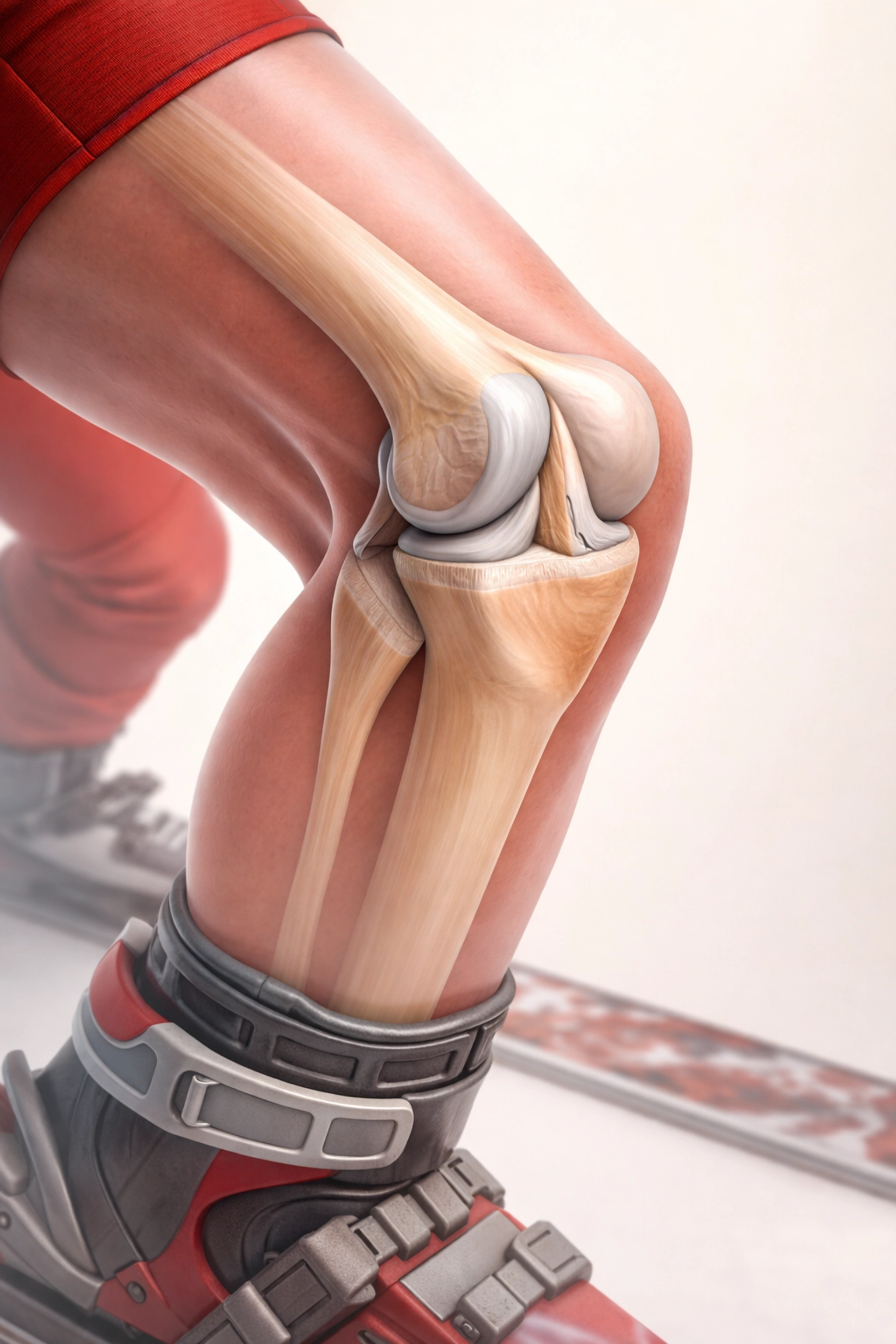 Anatomical view of the knee joint highlighting the ACL and meniscus structures common in ski injuries