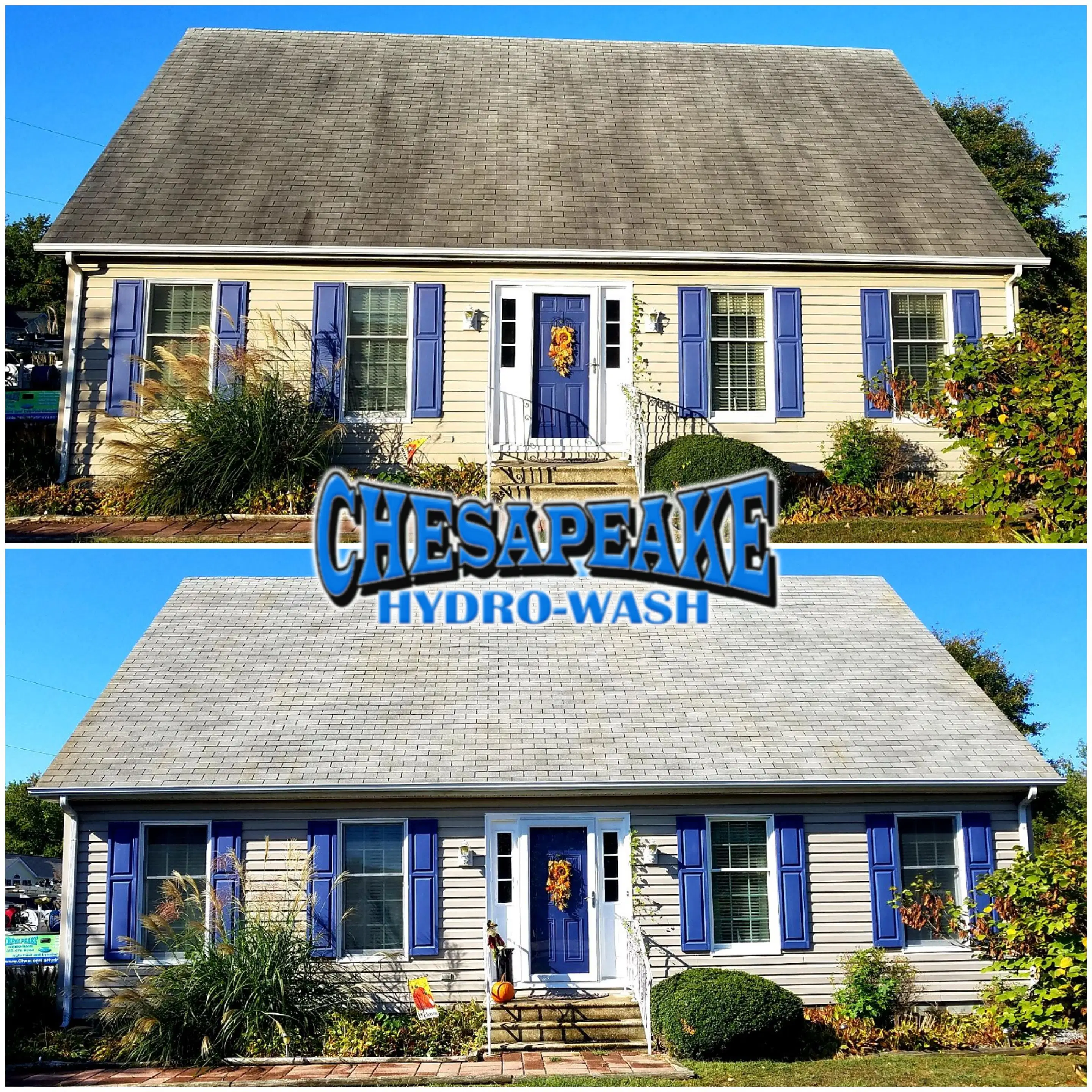 Before-and-after comparison showing a dramatic roof transformation using Chesapeake Hydro-Wash’s non-pressure soft wash service