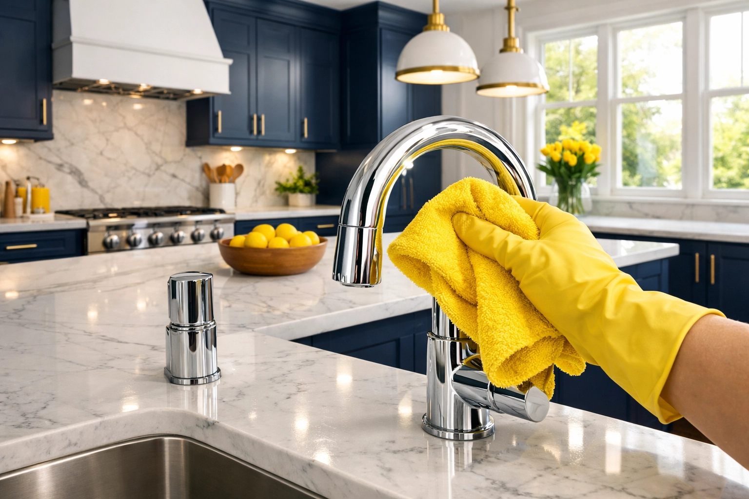 Professional house cleaning services MA polishing a modern kitchen faucet for a spotless, deep clean result.