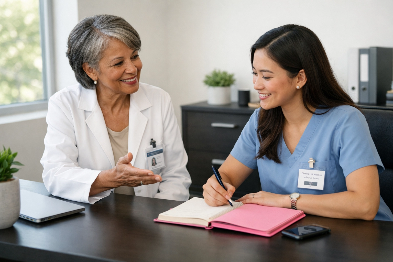 Experienced nursing leader mentoring new Director of Nursing in healthcare setting