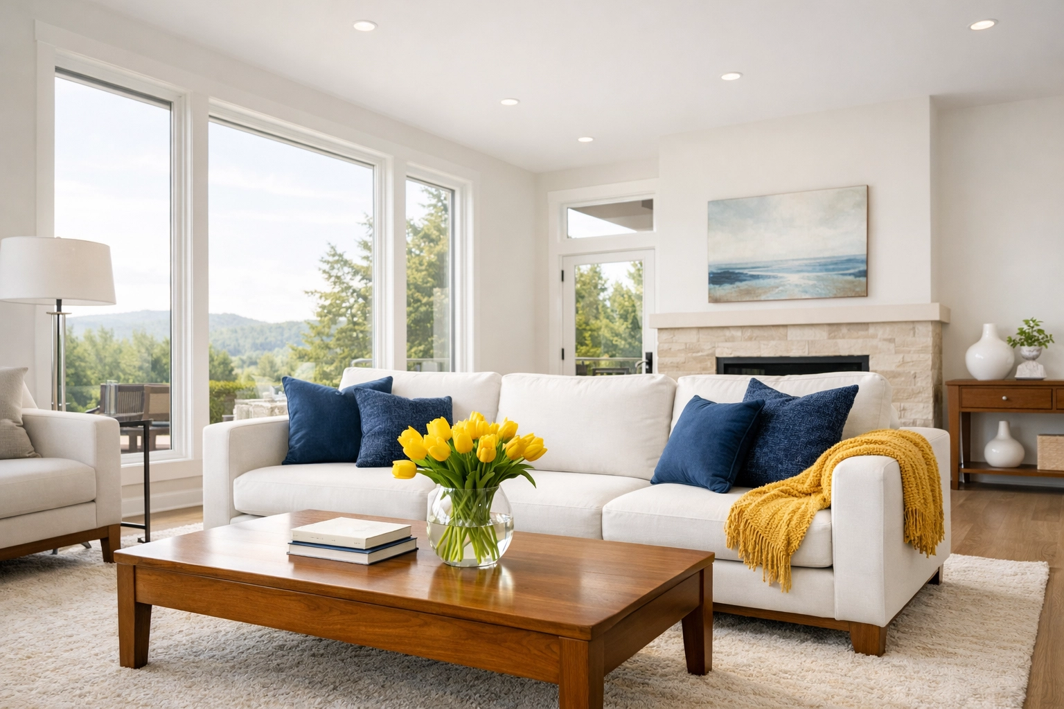 Clean and organized modern living room in Ashland, MA after a weekly house cleaning service.