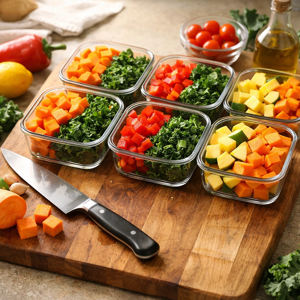 Glass containers filled with chopped vegetables for batch prepping parrot meals