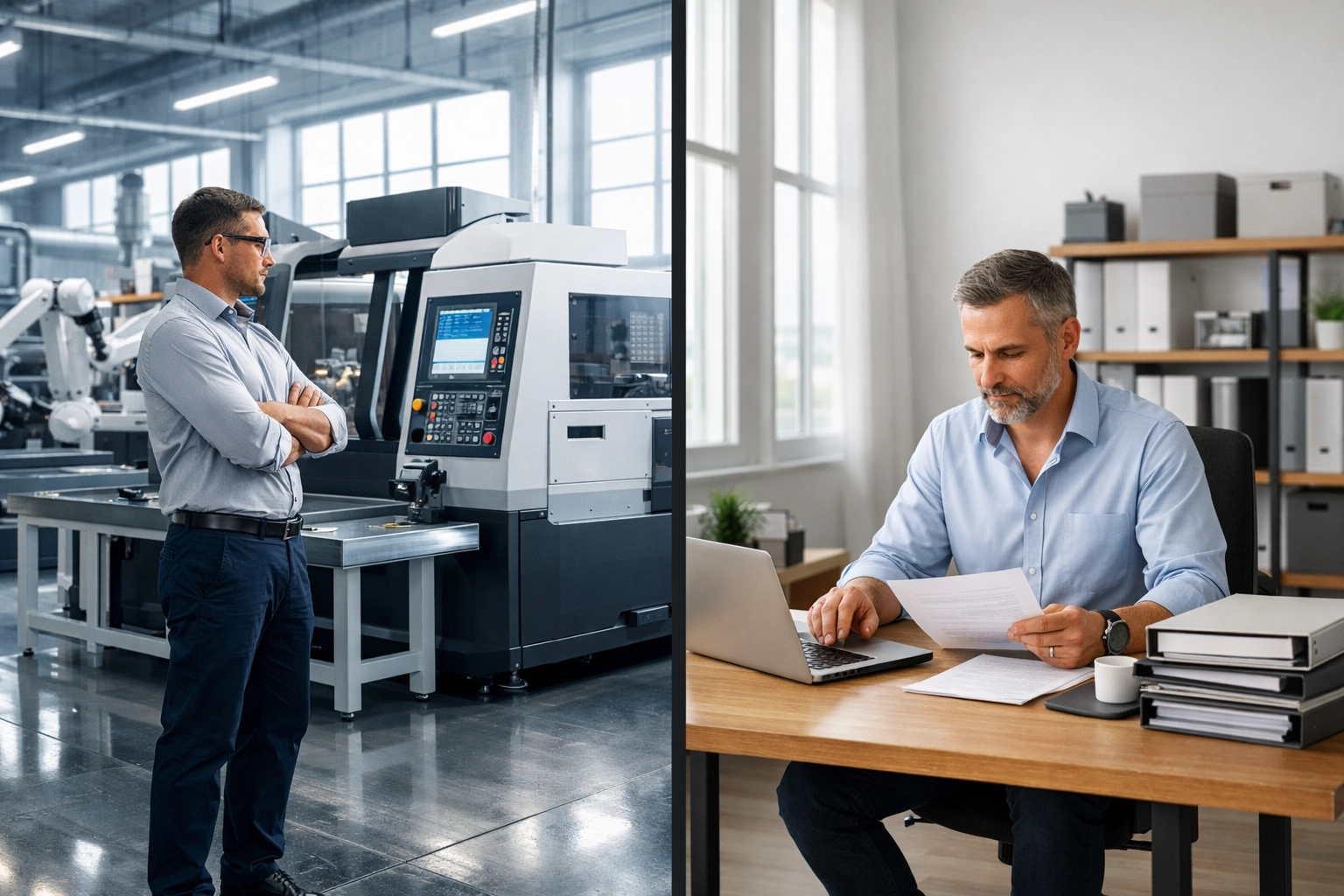 Split view comparing equipment financing for machinery versus working capital for operations