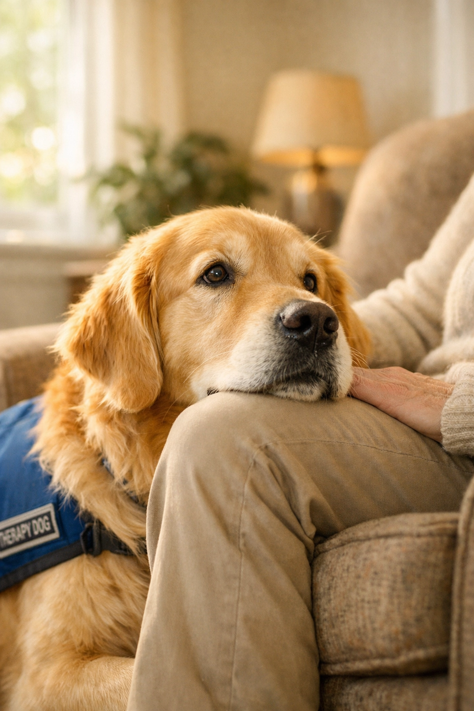 A family friendly Golden Retriever therapy dog resting its chin on a person's knee in a sunlit home.