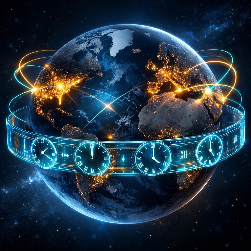 Global business hubs connected by glowing lines on an Earth globe with world clock faces.