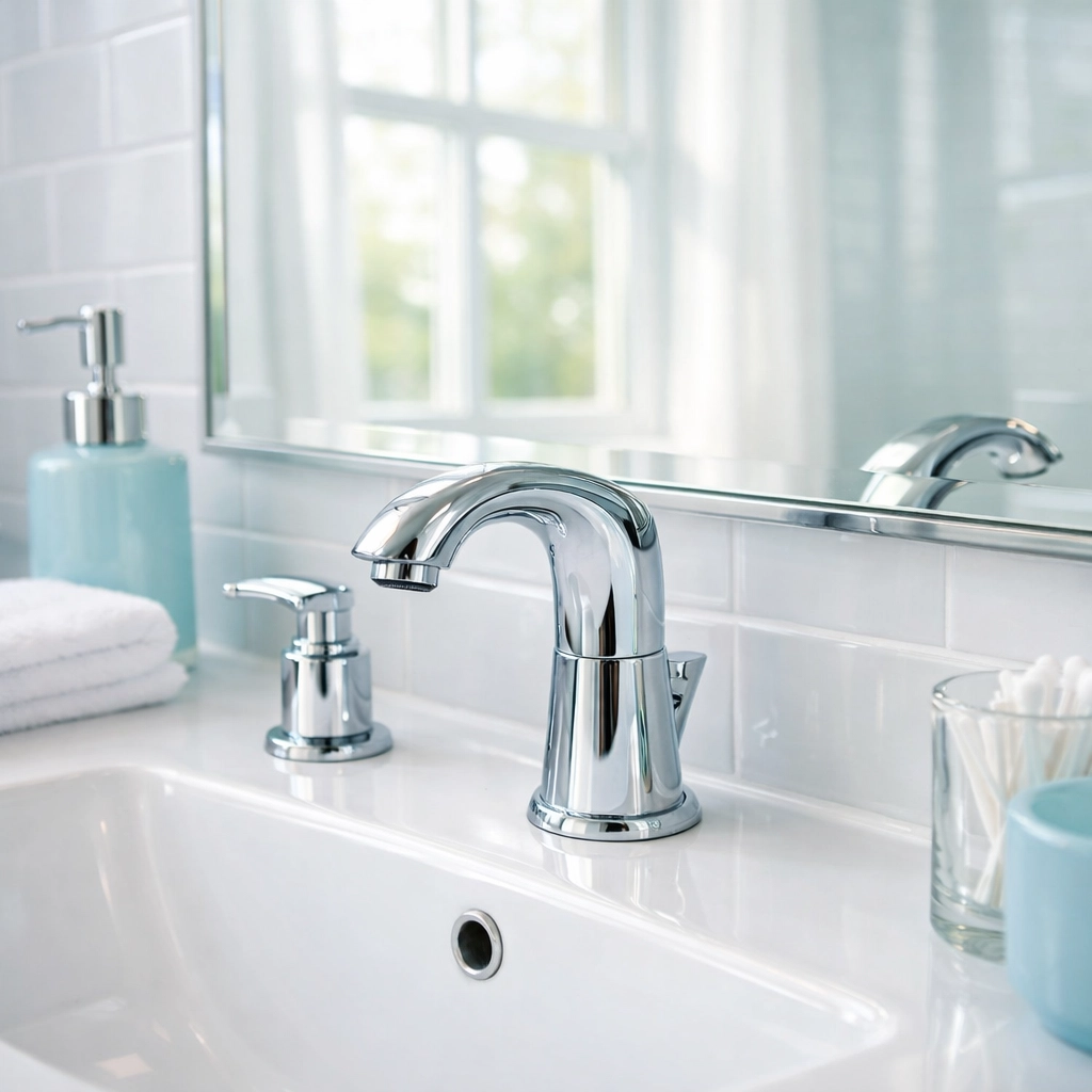 Sparkling clean bathroom vanity with polished chrome fixtures after make-ready deep cleaning