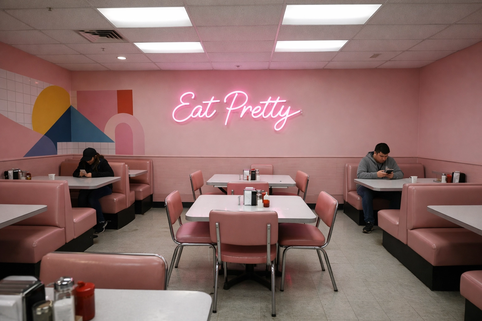 Empty restaurant with bright millennial pink walls and neon signs showing outdated Instagram-focused design