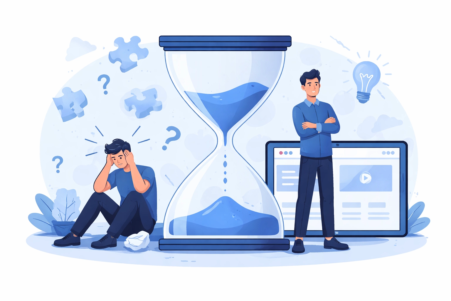 Hourglass illustration showing time investment and productivity difference between DIY and pro web design