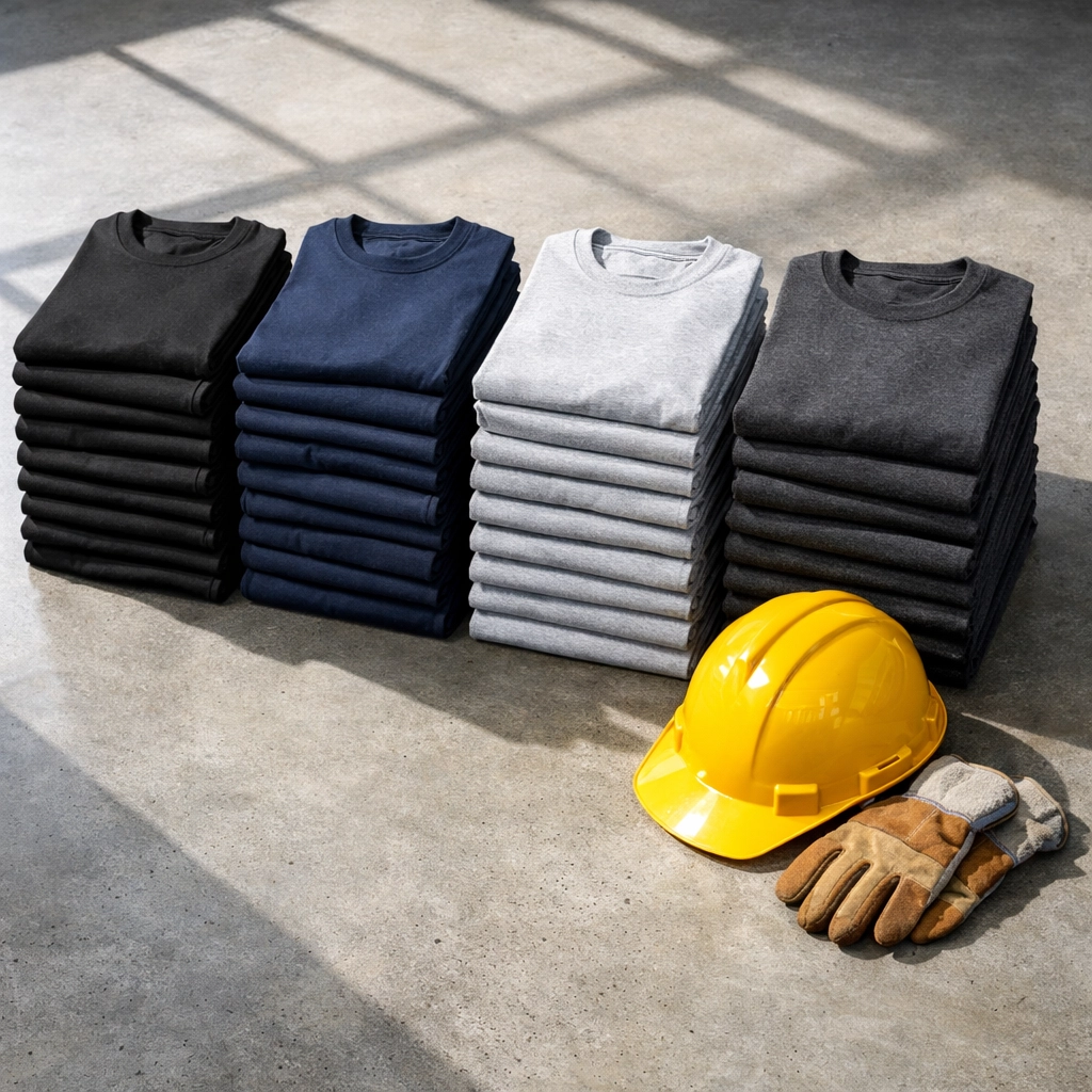 Stacks of bulk custom t-shirts and a yellow hard hat ready for a large construction crew.