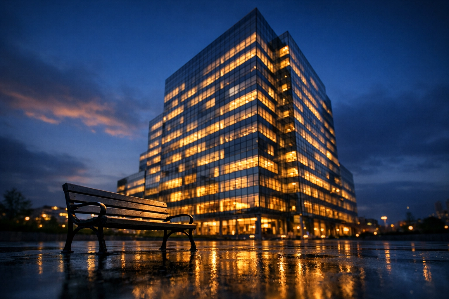 Empty bench outside office building at dusk symbolizing life transition and finding peace in brokenness