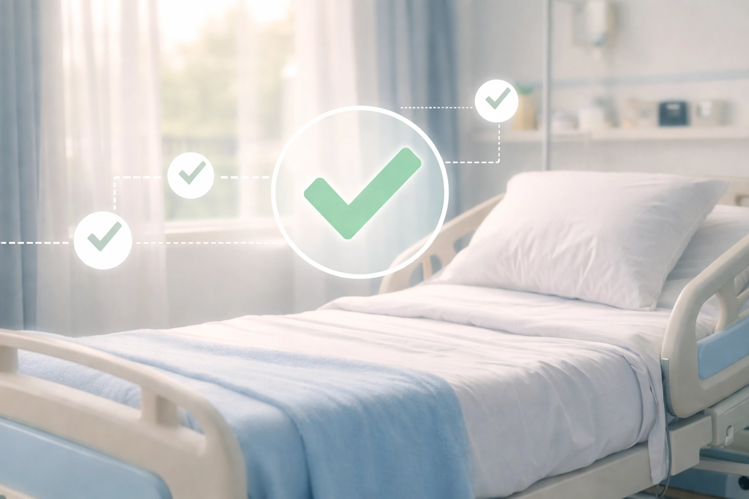 Fresh hospital bed with checkmark in sunny SNF room, symbolizing efficient bed management using AI admissions software.