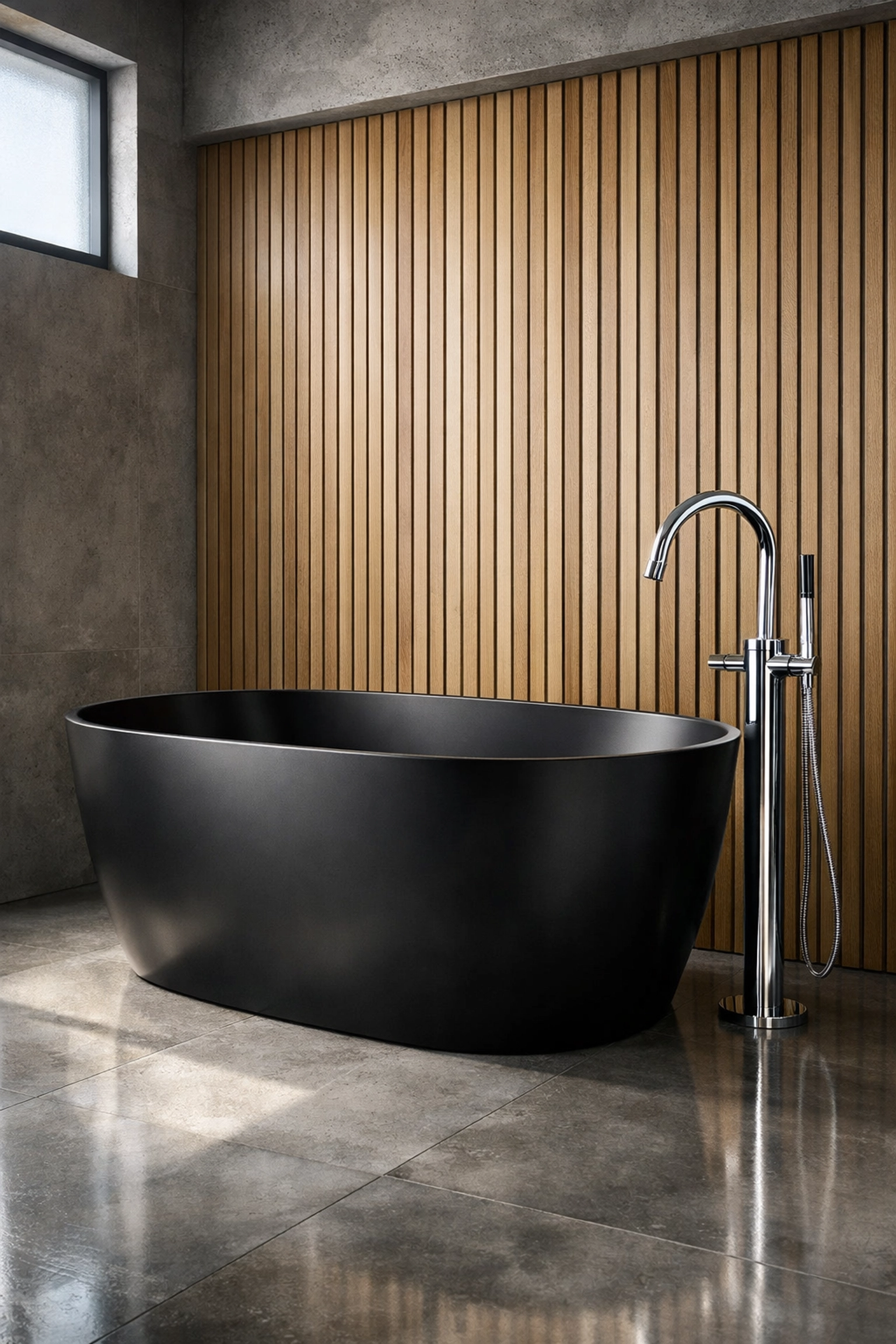 Architectural visualization of a minimalist luxury bathroom featuring a black tub and concrete floors.