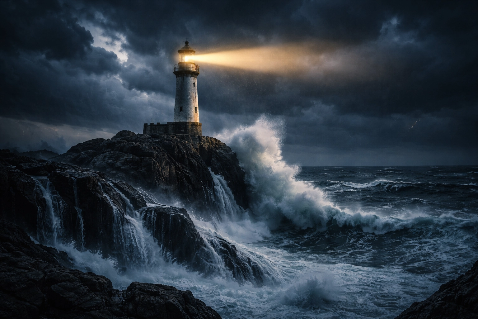 Lighthouse standing resilient in a storm symbolizing portfolio risk management and investment protection