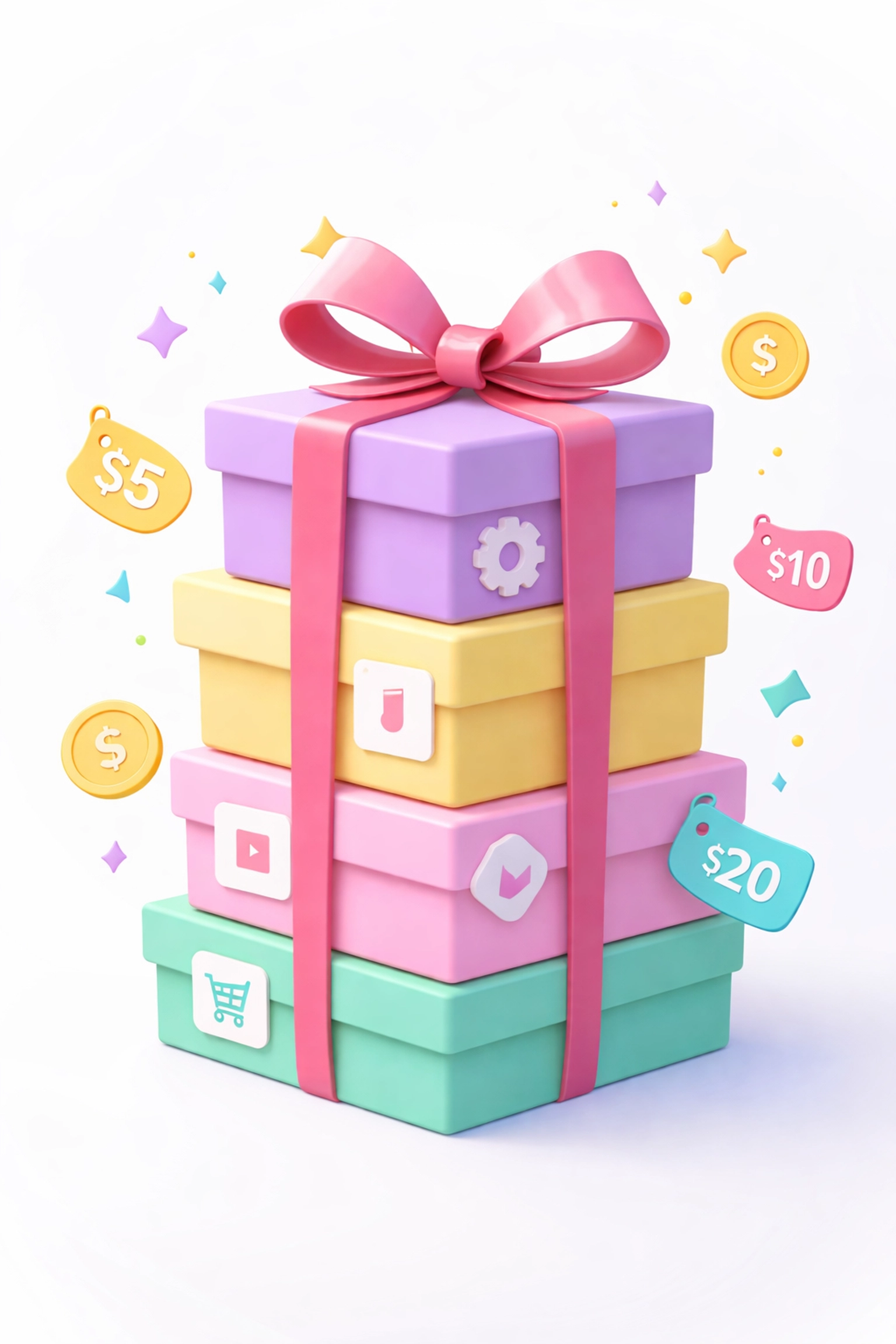 Stacked colorful boxes symbolizing bundled digital products to emphasize increased order value